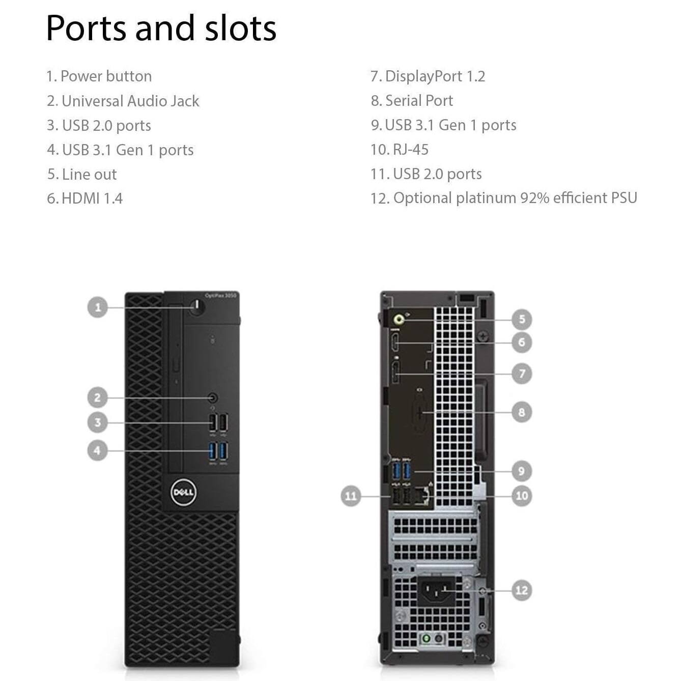 Ports and slots

1. Power button  
2. Universal Audio Jack  
3. USB 2.0 ports  
4. USB 3.1 Gen 1 ports  
5. Line out  
6. HDMI 1.4  
7. DisplayPort 1.2  
8. Serial Port  
9. USB 3.1 Gen 1 ports  
10. RJ-45  
11. USB 2.0 ports  
12. Optional platinum 92% efficient PSU  

1 2 3 4 5 6 7 8 9 10 11 12