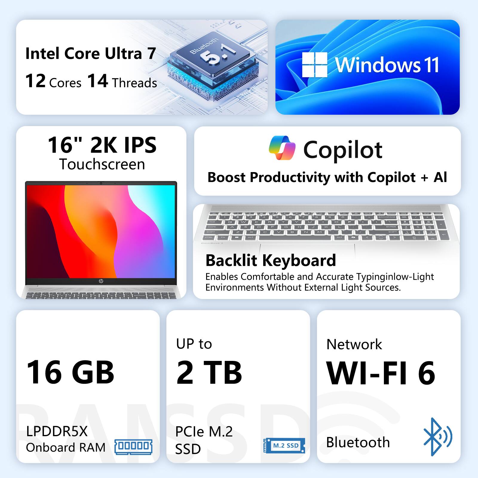 Intel Core Ultra 7  
12 Cores 14 Threads  
Bluetooth 5.1  
Windows 11  
16" 2K IPS Touchscreen  
Boost Productivity with Copilot + AI  
Backlit Keyboard  
Enables Comfortable and Accurate Typing in Low-Light Environments Without External Light Sources.  
UP to 16 GB LPDDR5X Onboard RAM  
2 TB PCIe M.2 SSD  
Network WI-FI 6  
Bluetooth