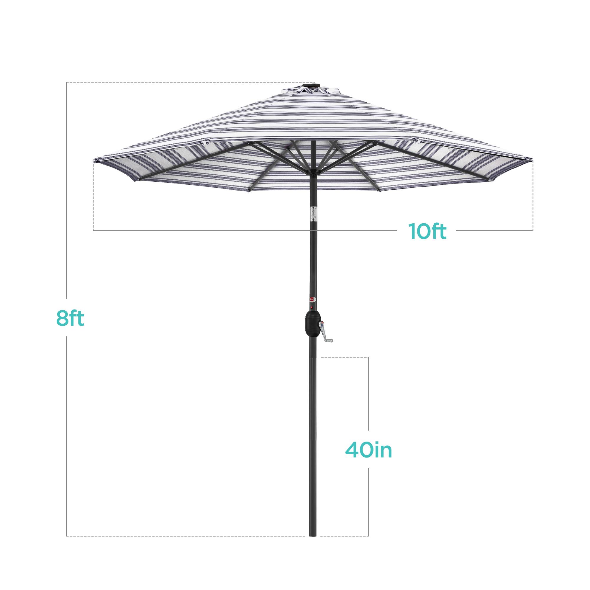 The dimensions of the umbrella are as follows:

- Diameter: 10 feet
- Height: 8 feet
- Shaft Diameter: 40 inches