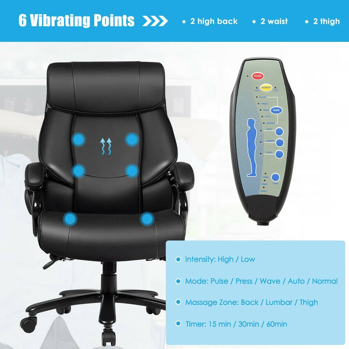 6 Vibrating Points
- 2 high back
- 2 waist
- 2 thigh

POWER
INTENSITY 0 XOX LOW
PULSE
PRESS
0 and
MODE
0 AUTO
NORMA
BACK
D
LUMBAR
THIGH
15Mm
30Mm
TIMER
60Mm

Intensity: High / Low
Mode: Pulse / Press / Wave / Auto / Normal
Massage Zone: Back/ Lumbar / Thigh
Timer: 15 min / 30min / 60min