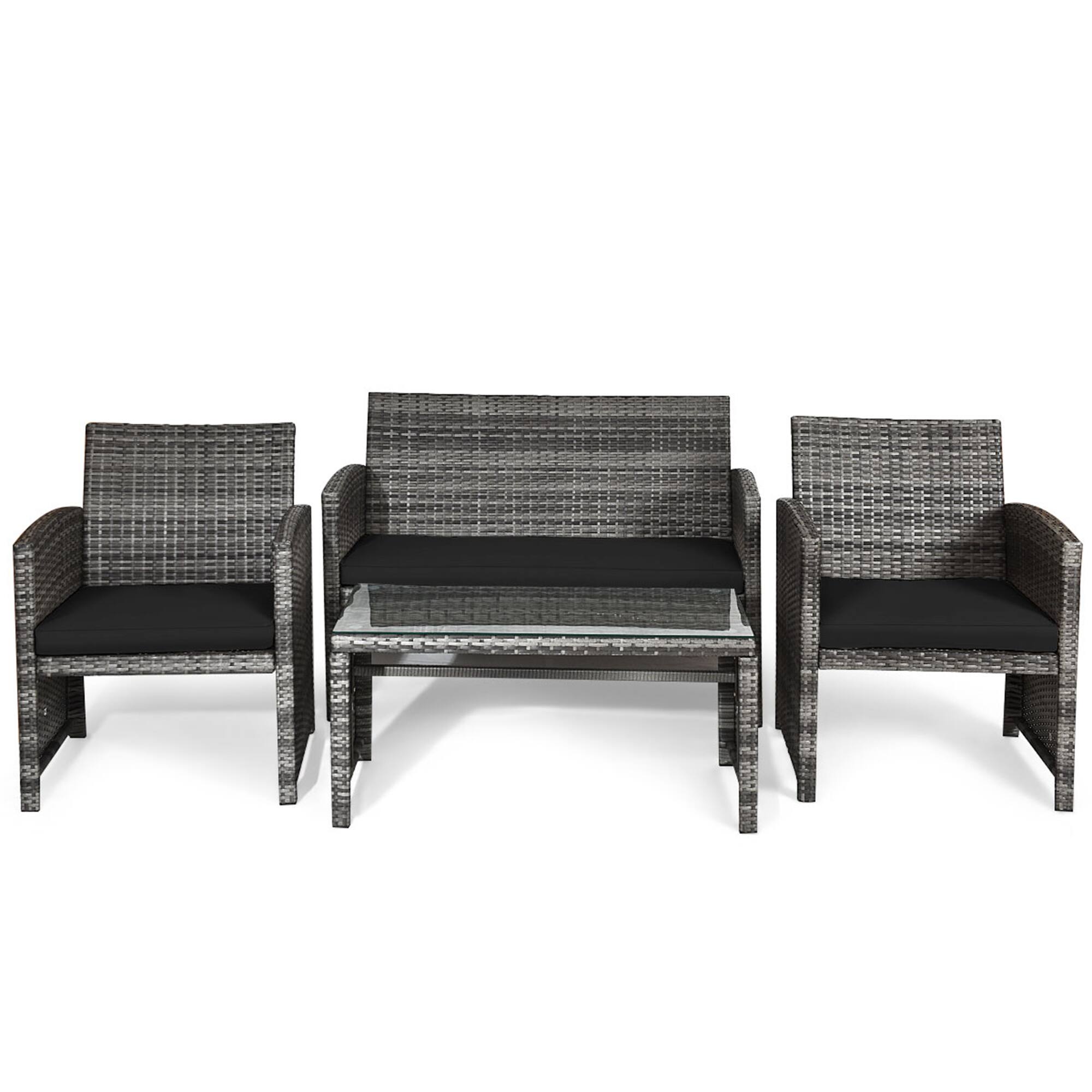 Alt View 9. Gymax - Gymax 4PCS Patio Outdoor Rattan Conversation Furniture Set w/ Black Cushion - Black.
