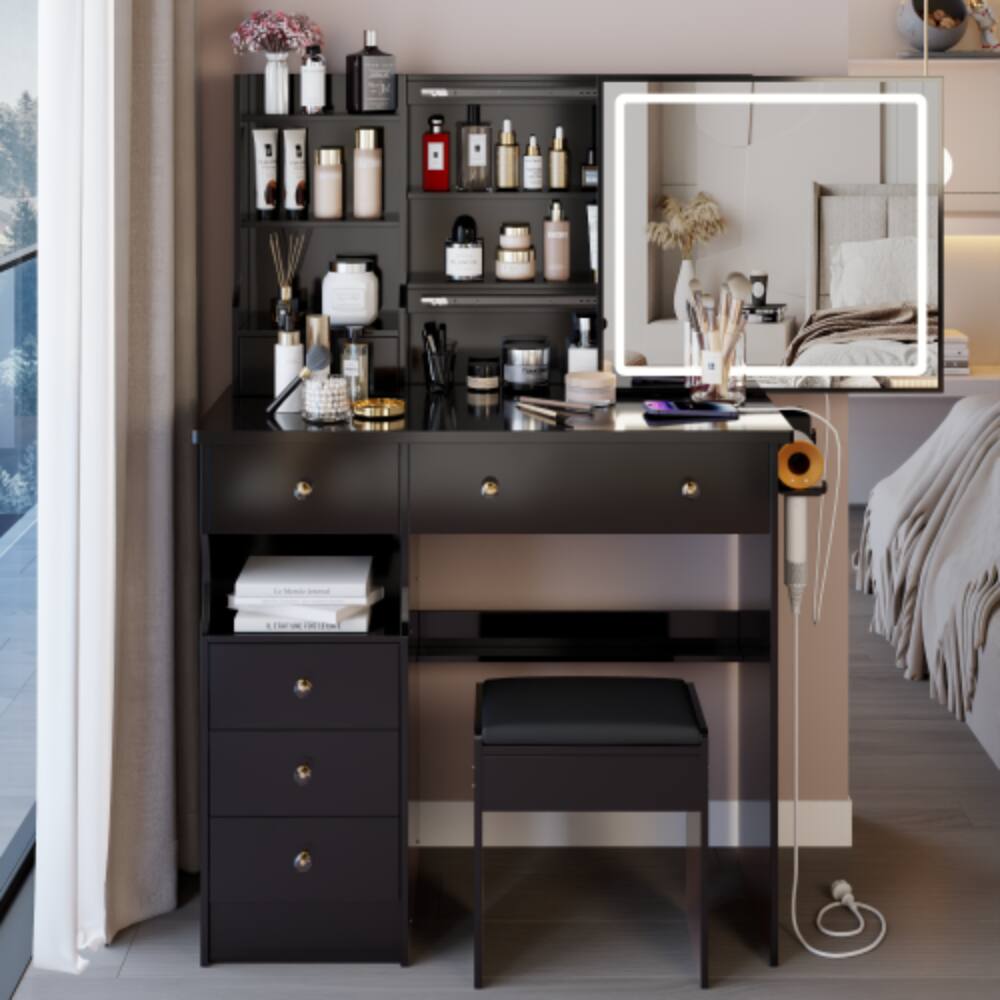 Angle. LUCKY ONE - 37in Vanity Set with LED Sliding Mirror, 2AC+2USB, Hair Dryer Stand and Stool for Bedroom - Black.