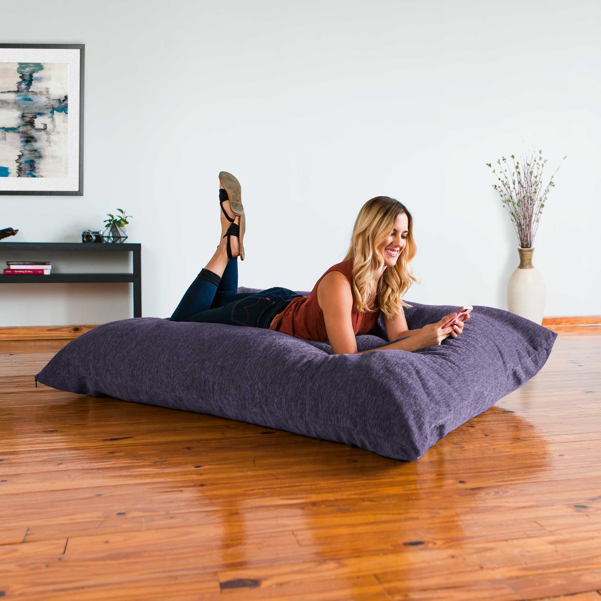 Angle. Jaxx - Jaxx 5.5 ft Pillow Saxx Foam Bean Bag Pillow, Premium Chenille Cover, Plum - Premium Chenille - Plum.