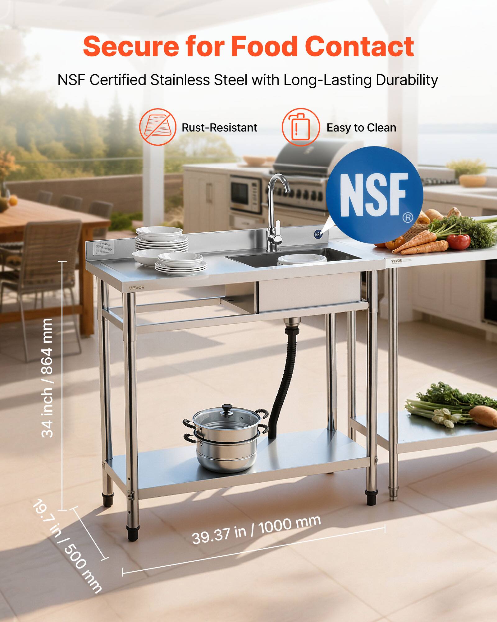 Secure for Food Contact  
NSF Certified Stainless Steel with Long-Lasting Durability  
Rust-Resistant  
Easy to Clean  

34 inch / 864 mm  
19.7 in / 500 mm  
39.37 in / 1000 mm