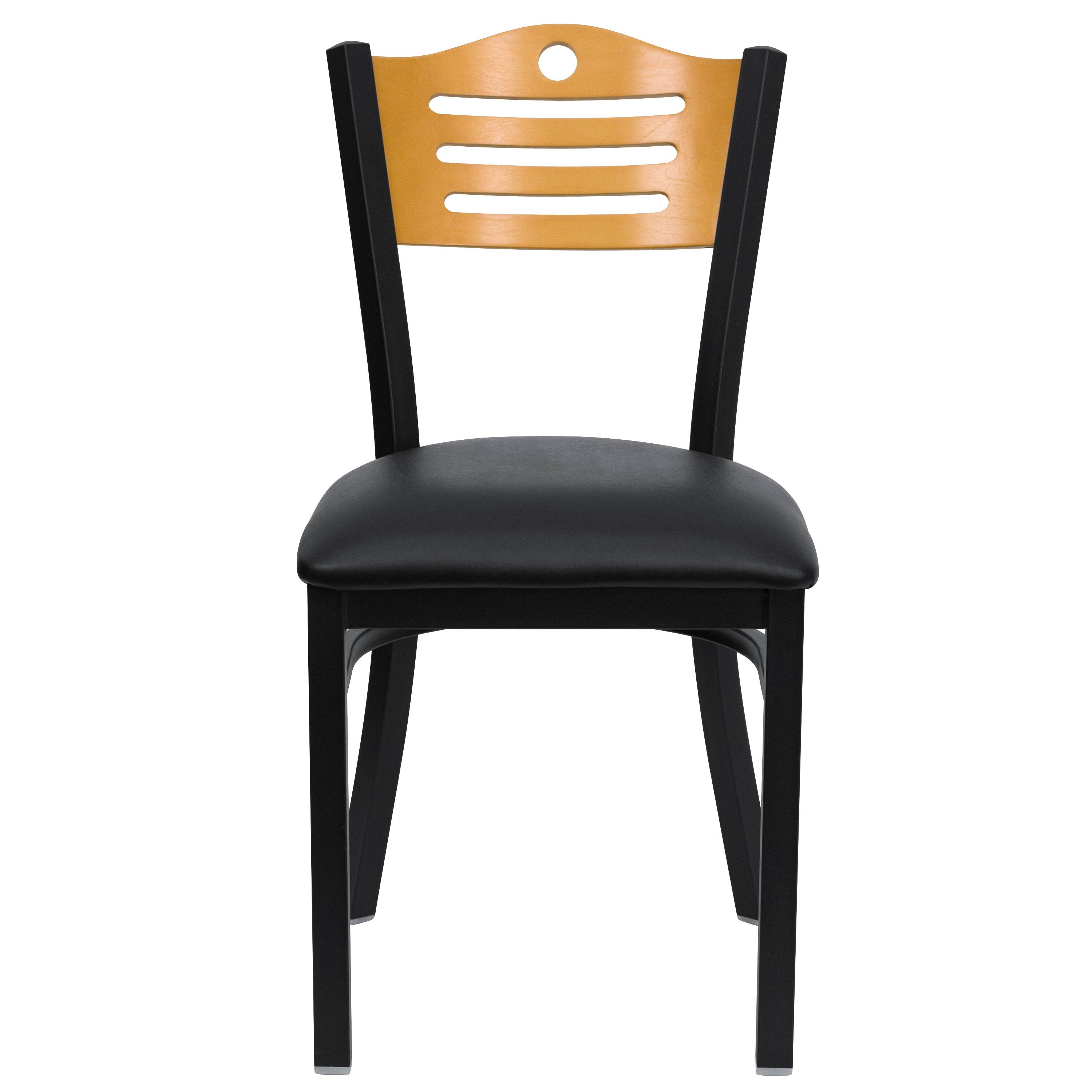 Alt View 7. Emma + Oliver - Slat Back Metal Restaurant Dining Chair - Natural Wood Back/Black Vinyl Seat/Black Metal.