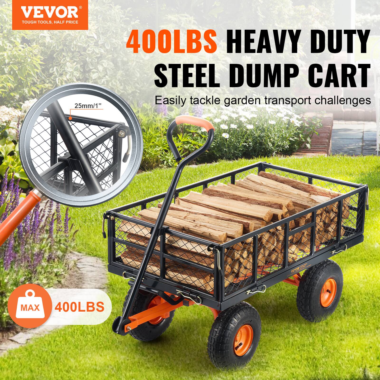VEVOR TOUGH TOOLS, HALF PRICE 400LBS HEAVY DUTY STEEL DUMP CART Easily tackle garden transport challenges 25mm/1 MAX 400LBS