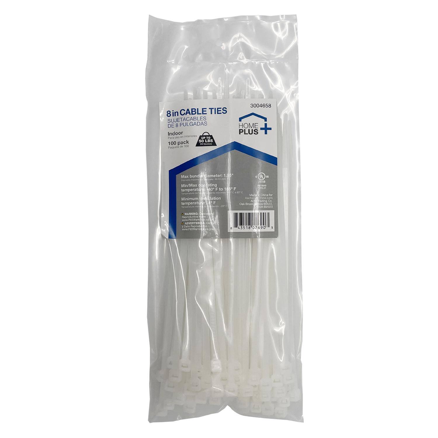 3004658 in CABLE TIES SUJETACABLES DE 8 PULGADAS HOME PLUS + re Pae UP mg pack so LBS 100 Paauno - 1 Max bund 2 amater: 1.35 . P - - rd Mw/Max Te ating 0" F to 4 T  temperaturo  Mute na for Minimu snslation mah  m dF temperature F - -   MA nmr - CLANNA  Soddit www.Pettum - ADVERTEN ..  Lnarun  a 43518 57A90 -

8in CABLE TIES  
SUJETACABLES DE 8 PULGADAS  
Indoor  
100 pack  
50 LBS  
For 1/4" to 1"  
Made in China for  
Dak Brand Trading Co.  
43518 07590  

Max bundle diameter: 1.95"  
Max tightening temperature: 400 F  
Minimum relaxation temperature: -40 F  

ADVERTENCIA:  
www.Pettum.com
