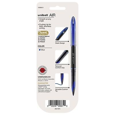 1926810  
uniball AIR  
Smooth at any angle  
Cushion tip for bold, effortless writing  
Protects Against WATER FADING  
FRAUD COLOR  
Sleek Design  
Textured Comfort Grip  
COLOR: Blue  

UNIBRANDS.CO  
UNIBRANDS.COM  
UNIBRANDS.CO  
UNIBRANDS.COM  
GUARANTEE:  
We guarantee every product for 1 year. For information, contact us at unibrands@unibrands.com  
Versatile Cushion Tip  

40187  
30248  
00661  
2021875  

UNIBRANDS.CO  
UNIBRANDS.COM