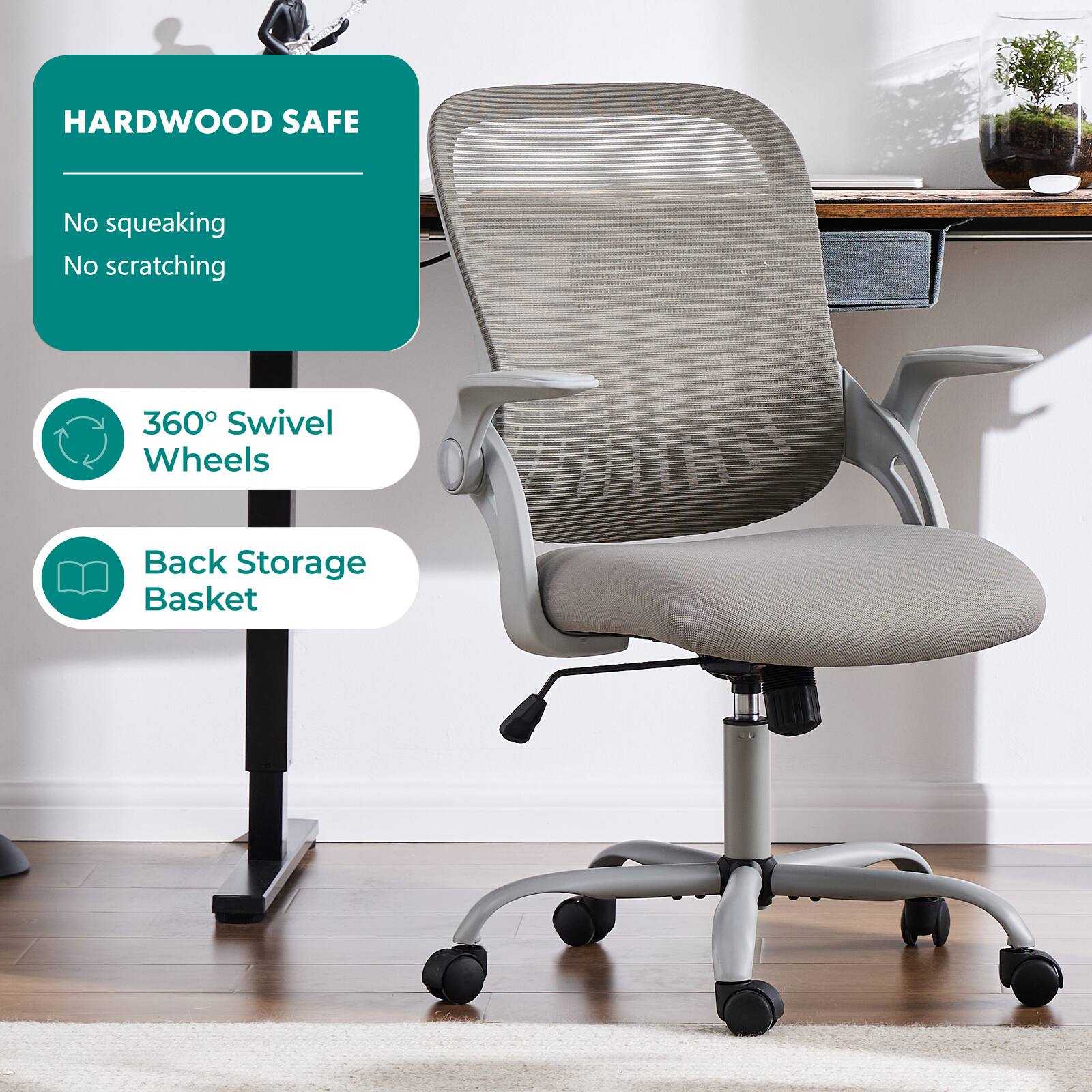 HARDWOOD SAFE  
No squeaking  
No scratching  

360° Swivel Wheels  

Back Storage Basket