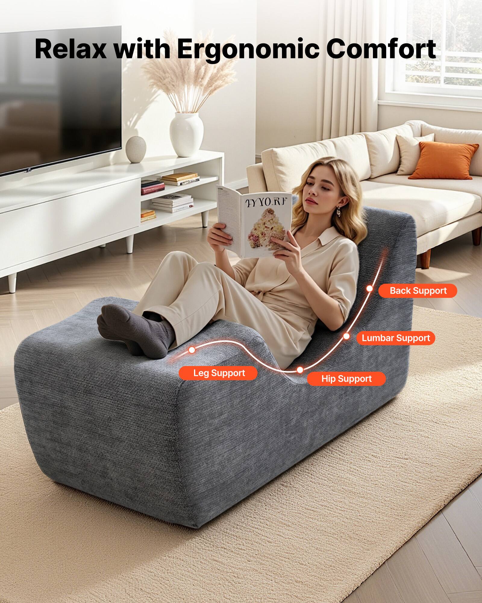 Relax with Ergonomic Comfort

- Back Support
- Lumbar Support
- Hip Support
- Leg Support