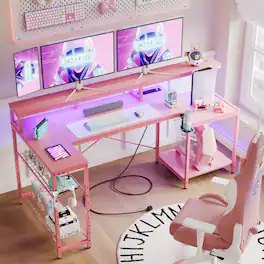 Bestier - 71inch L-Shaped LED Gaming Desk with Power Outlet Computer Desk - Light Pink