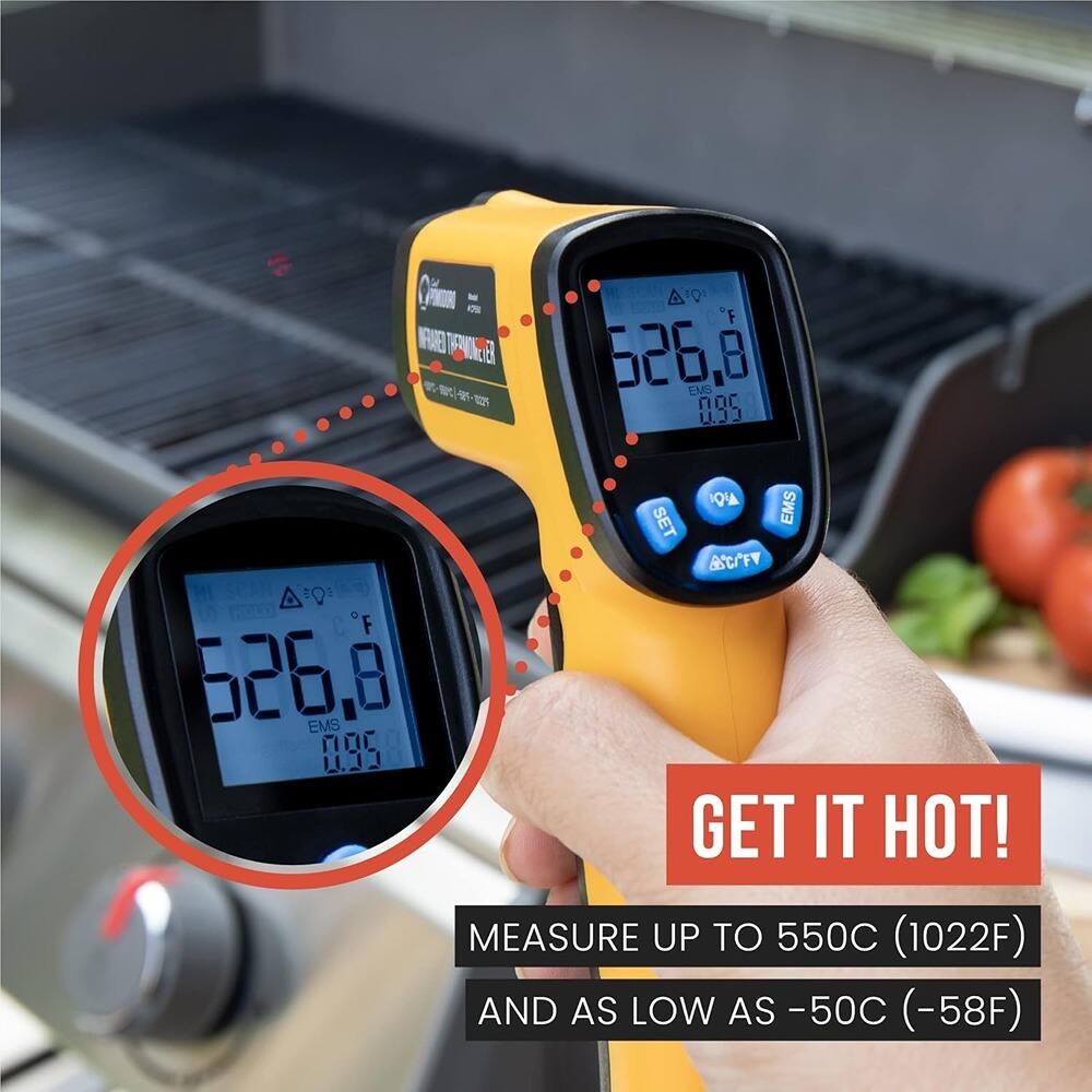 PIR - IFARET ENRONE P A 1Q F 526.8 EMS noc .J 1QU EMS SET ASCOFV HI SCAN Q HOLD C F 526.8 EMS 8, 8.95 GET IT HOT! MEASURE UP TO 550C (1022F) AND AS LOW AS -50C (-58F)