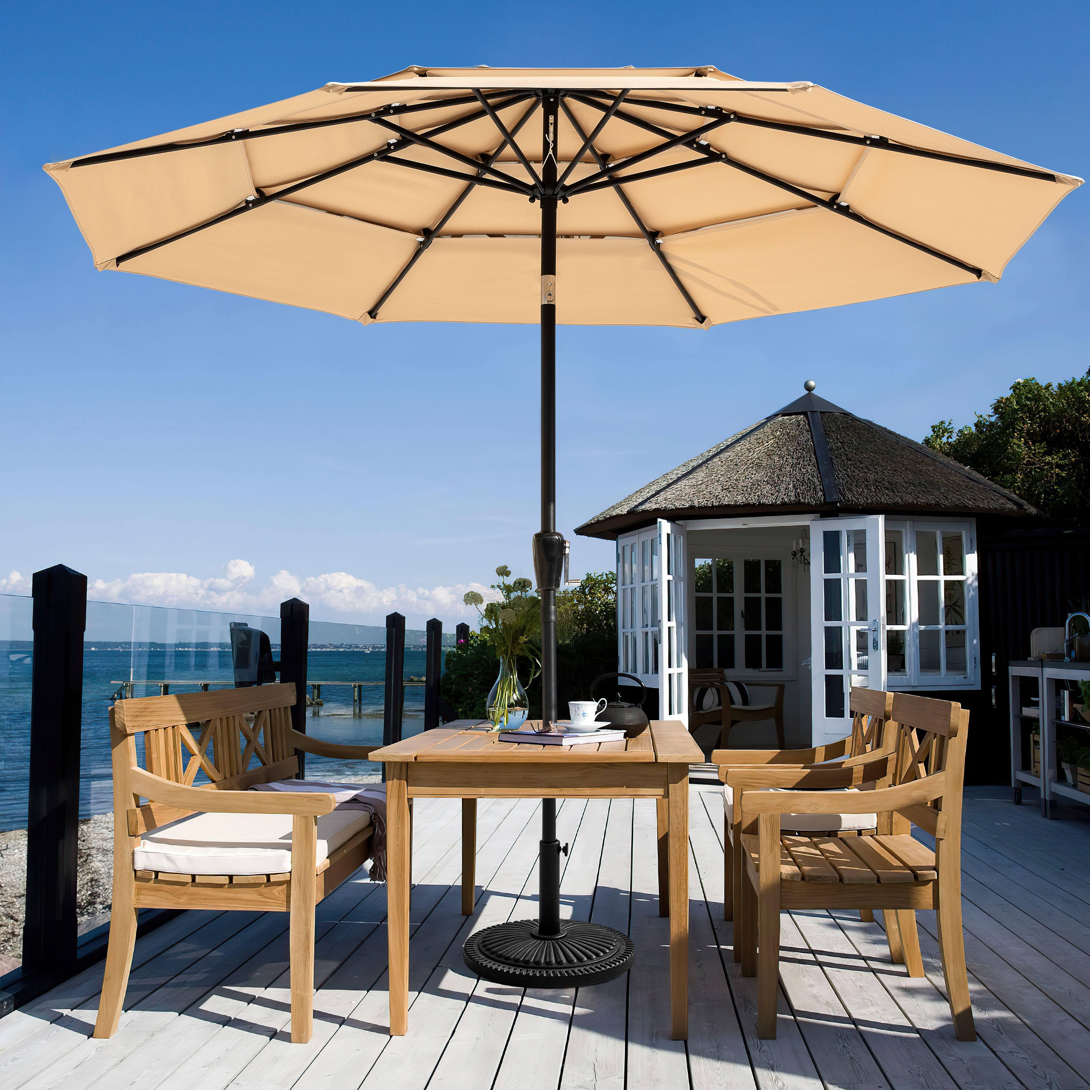 Angle. Nuu Garden - 9 FT Patio Umbrella, Crank Handle, One-Button Tilt and 8 Reinforced Ribs - Beige.