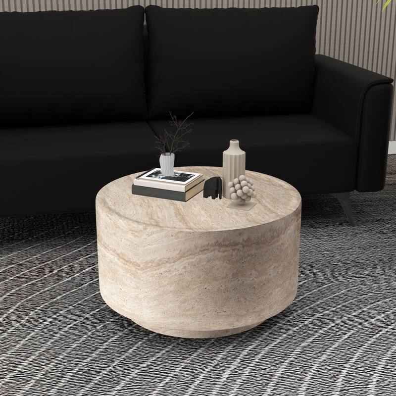 Angle. LeisureMod - Terra Modern Round Fiberstone Coffee Side Table Accent Center Table for Indoor Outdoor - Travertine.