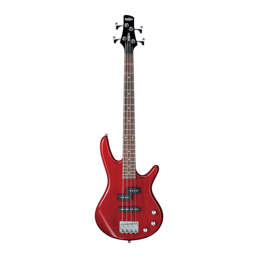 Front. Ibanez - Ibanez GSRM20TR MiKro Short Scale 4-String Bass Guitar, Transparent Red - Red.
