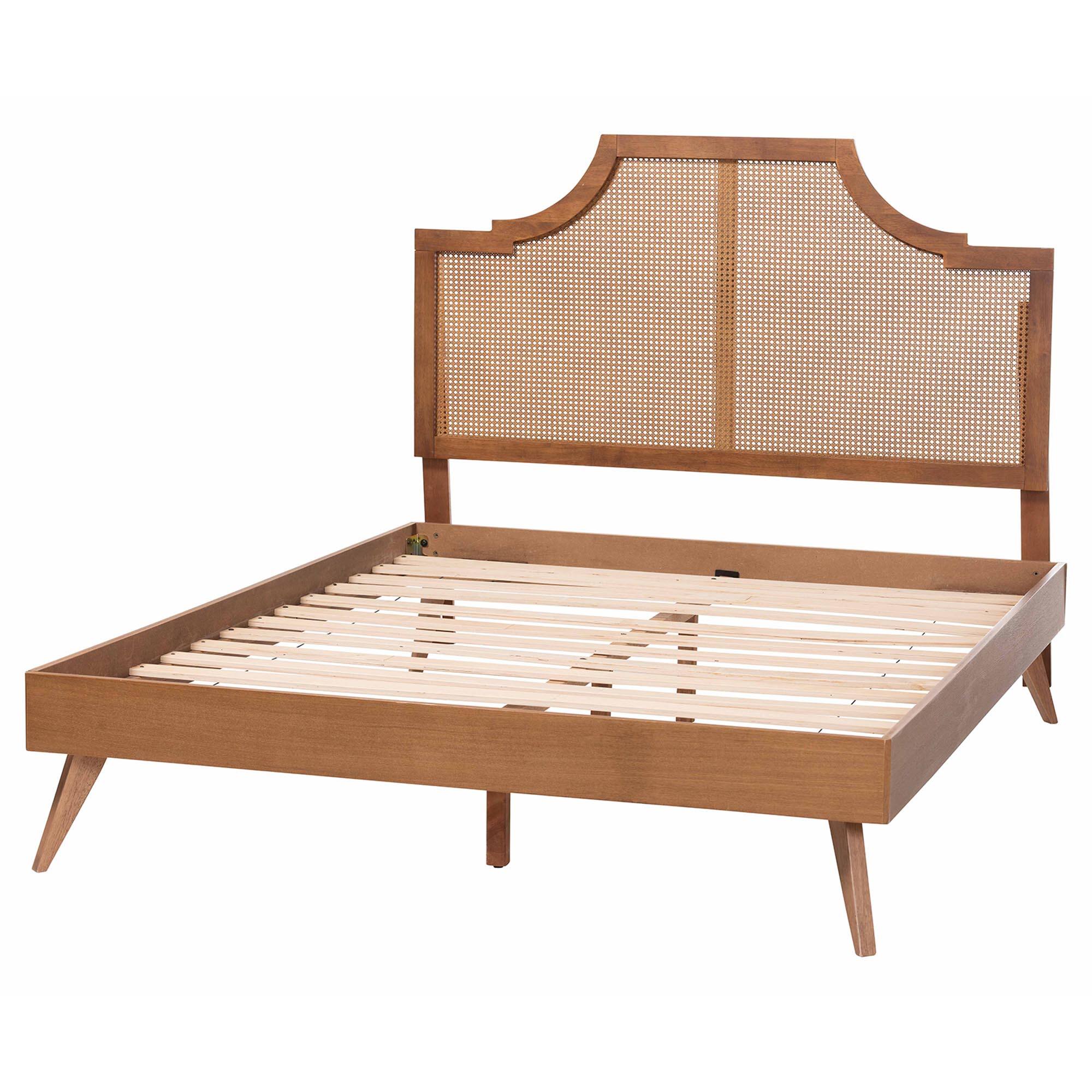 Left. Baxton Studio - Rodolfo Platform Bed - Mid-Century Modern Bed with Woven Rattan Headboard, Queen - Ash Walnut.