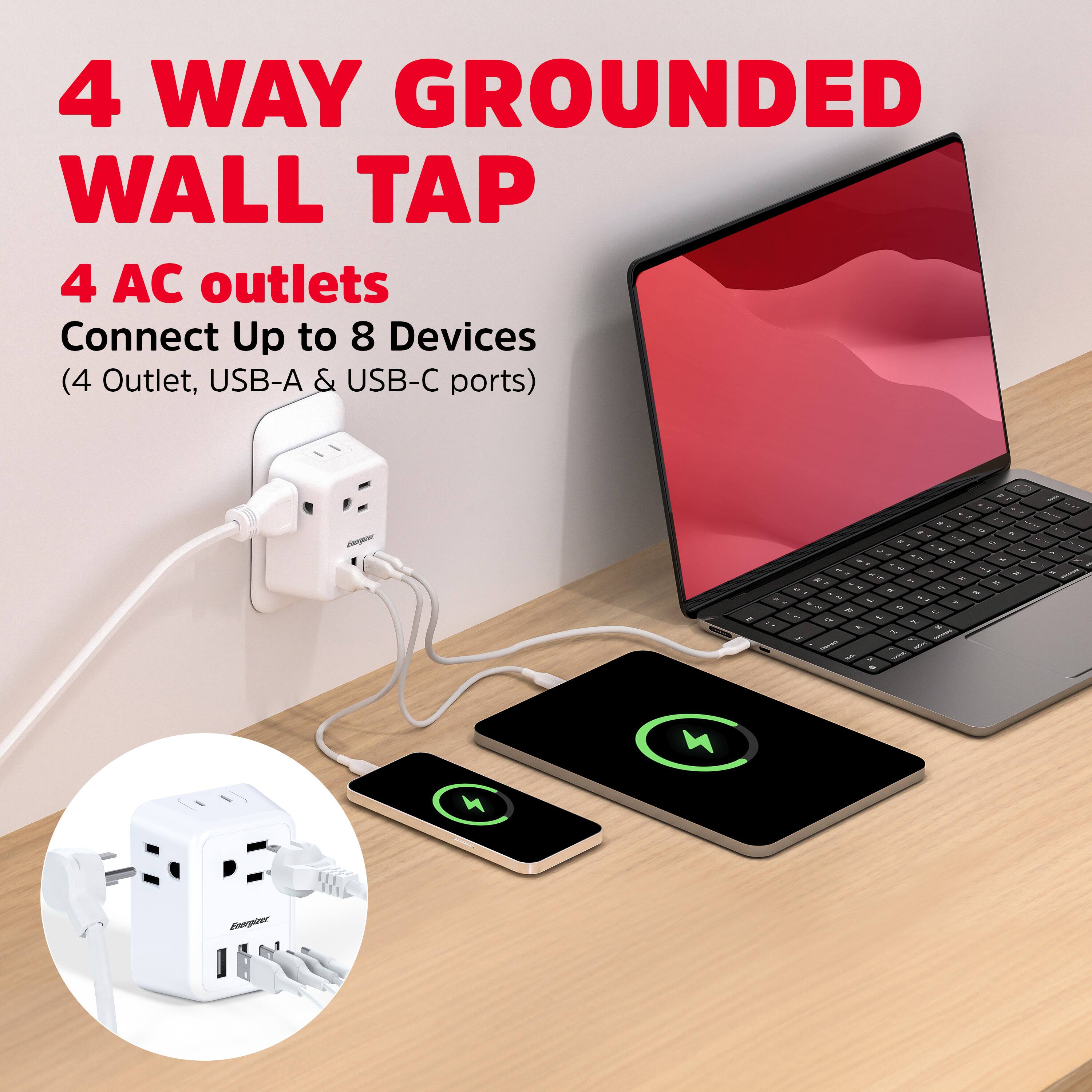 4 WAY GROUNDED WALL TAP  
4 AC outlets  
Connect Up to 8 Devices  
(4 Outlet, USB-A & USB-C ports)