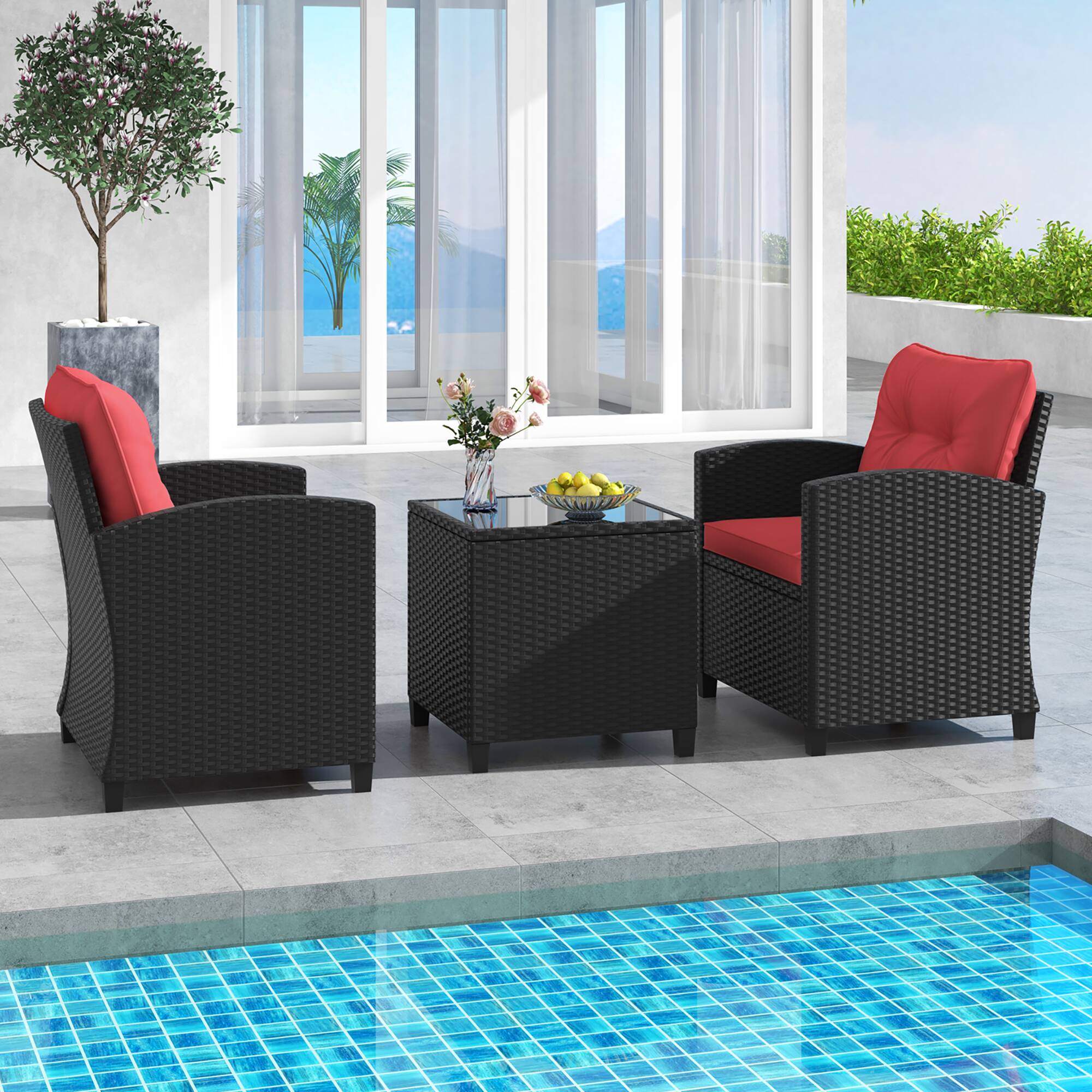 Alt View 3. Gymax - Gymax 3 PCS Patio Furniture Set w/Tempered Glass Coffee Table Washable Cushions Red - Red.