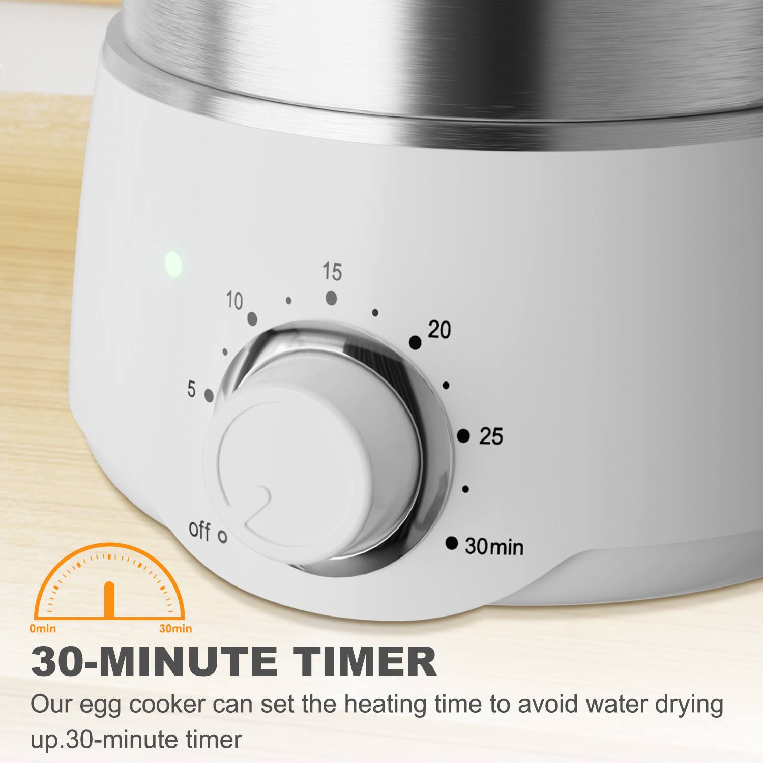 The text on the image can be grouped and corrected as follows:

**30-MINUTE TIMER**

Our egg cooker can set the heating time to avoid water drying up. 30-minute timer.

**Settings:**
- 0min
- 5
- 10
- 15
- 20
- 25
- 30min
- Off
