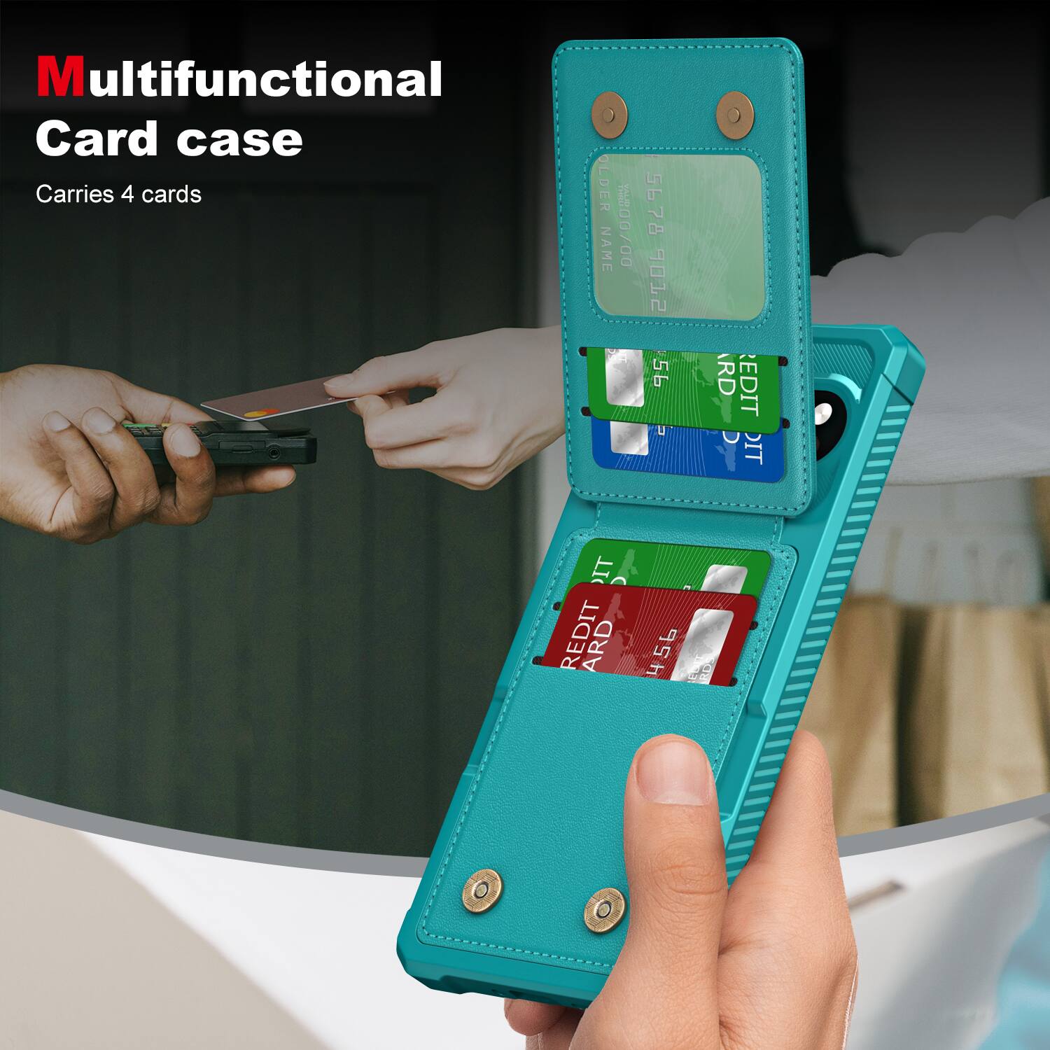 Multifunctional Card case  
Carries 4 cards  

OLDER NAME 00/00 5678 2T86 56 n RD  
EDIT Y IT IT REDIT ARD 456 4