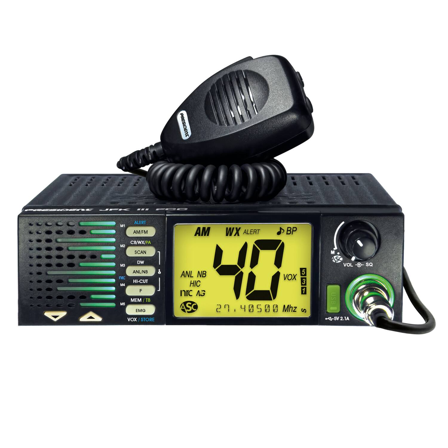 PRESIDENT JPK III FOO

ALERT
AM
WX ALERT
BP
40
VOX
5
3
MS
IMG
ASC
29.27.40500 Mhz
SQ
USB
4-5V2.1A

AM/FM
CB/WX/PA
SCAN
DW
ANL/NB
HI-CUT
F
MEM/ANL
VOL
SQ
VOX/STORE
VOL