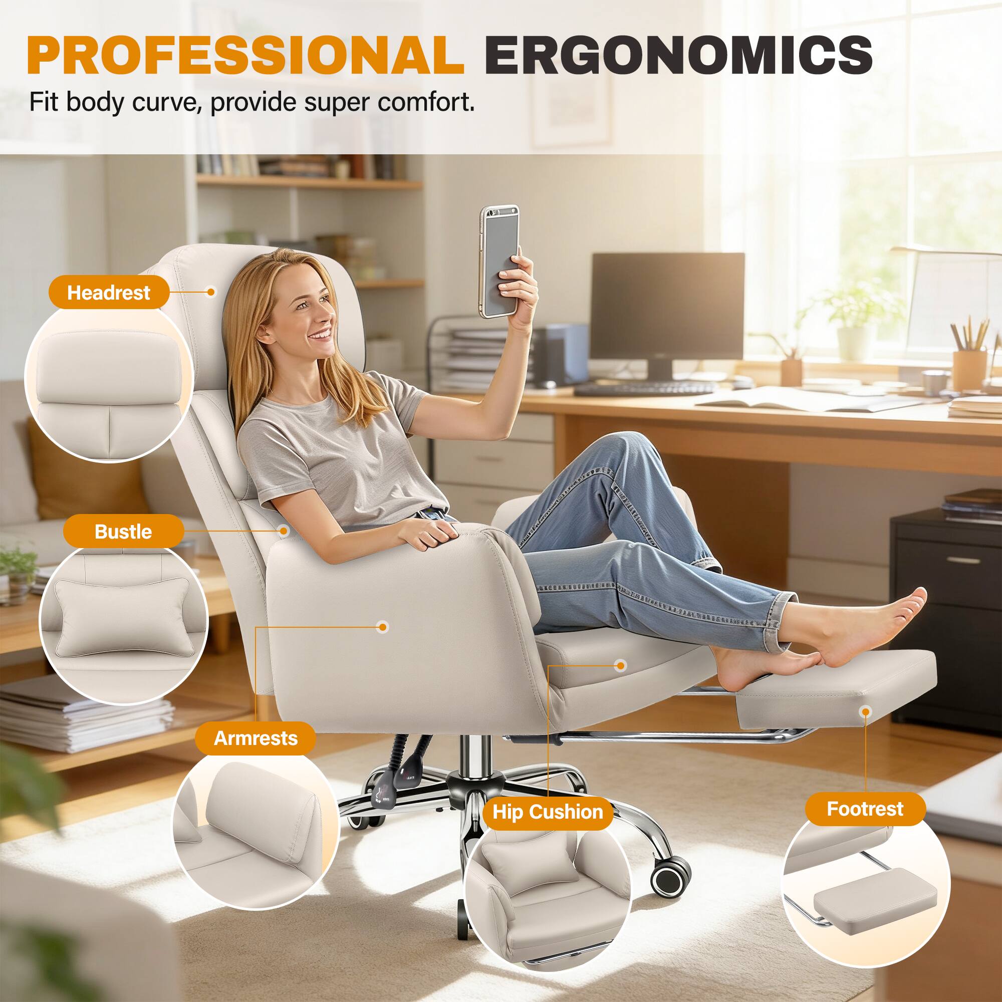 PROFESSIONAL ERGONOMICS  
Fit body curve, provide super comfort.

- Headrest
- Bustle
- Armrests
- Hip Cushion
- Footrest