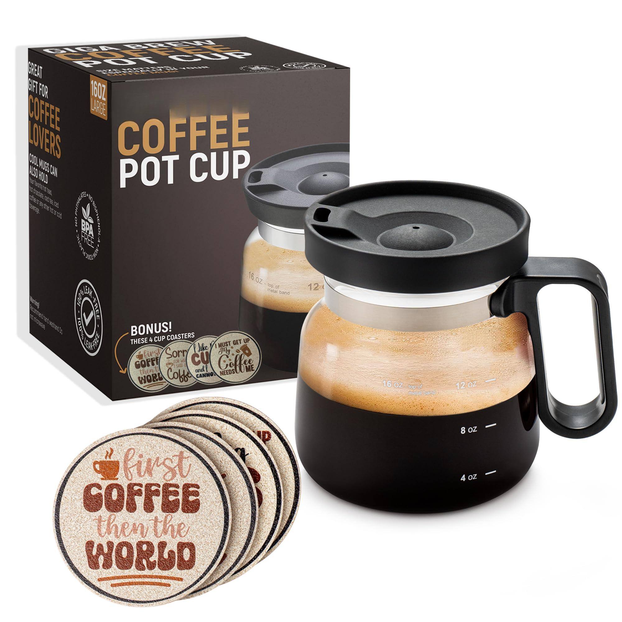 Sure, here is the corrected and grouped text from the image:

---

**COFFEE POT CUP**

- **GREAT GIFT FOR COFFEE LOVERS**
- **16 OZ LARGE**
- **COOL MUGS CAN ALSO HOLD**
- **BPA FREE**
- **BONUS!**
  - **THESE 4 CUP COASTERS**
    - "first COFFEE then the WORLD"
    - "Sorry CU"
    - "Coffee"
    - "I MUST GET UP"
    - "Coffee"
    - "CAN'T HEEDS ME"
- **16 OZ (473 ml)**
- **12 OZ (355 ml)**
- **8 OZ (237 ml)**
- **4 OZ (118 ml)**

---

This text is organized to reflect the information and design elements visible on the packaging and the product itself.