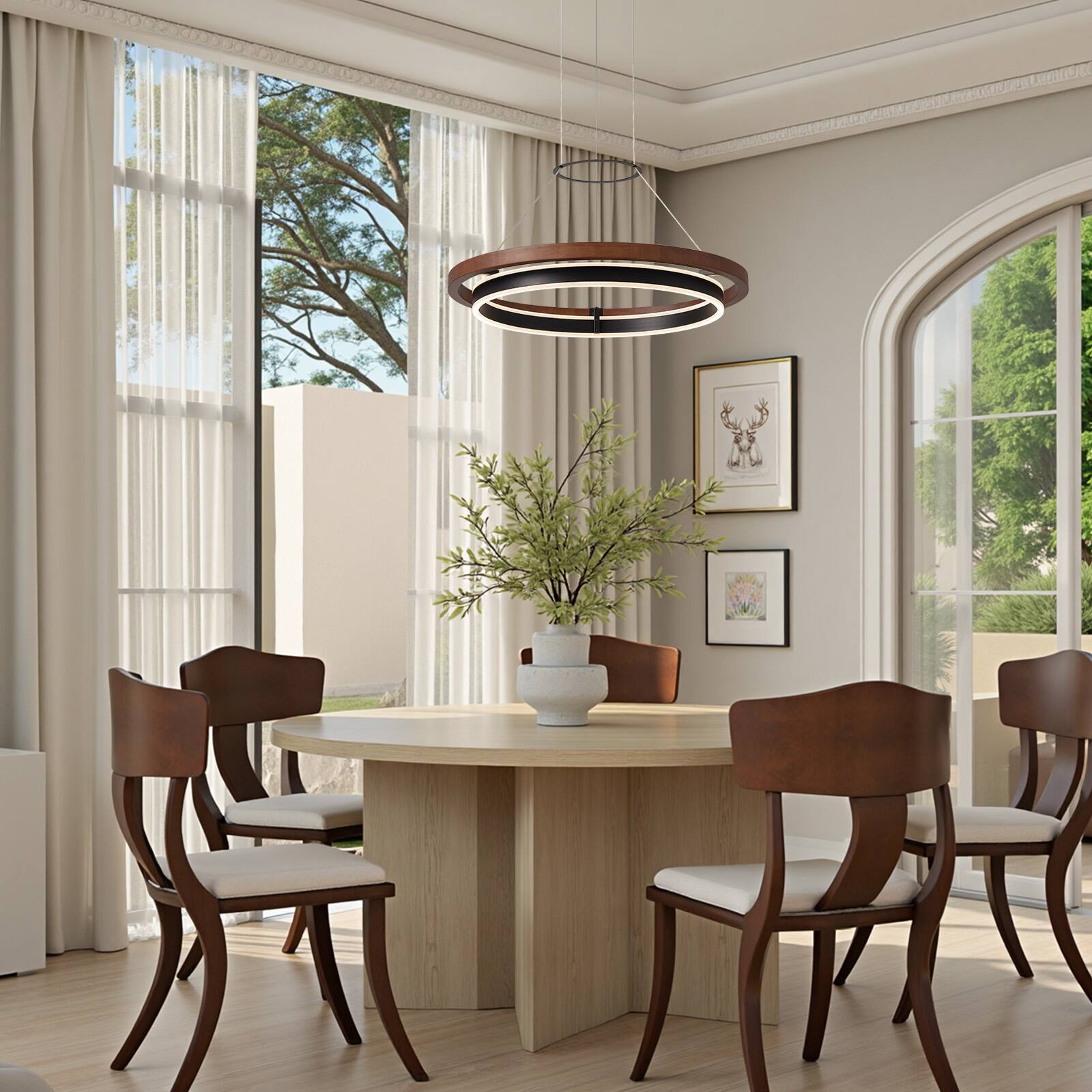 Back. Siljoy - 23.6 Inch Double Ring LED Pendant Light, Modern Wood Grain Nordic Chandelier for Living Room Dining Bedroom - Brown.