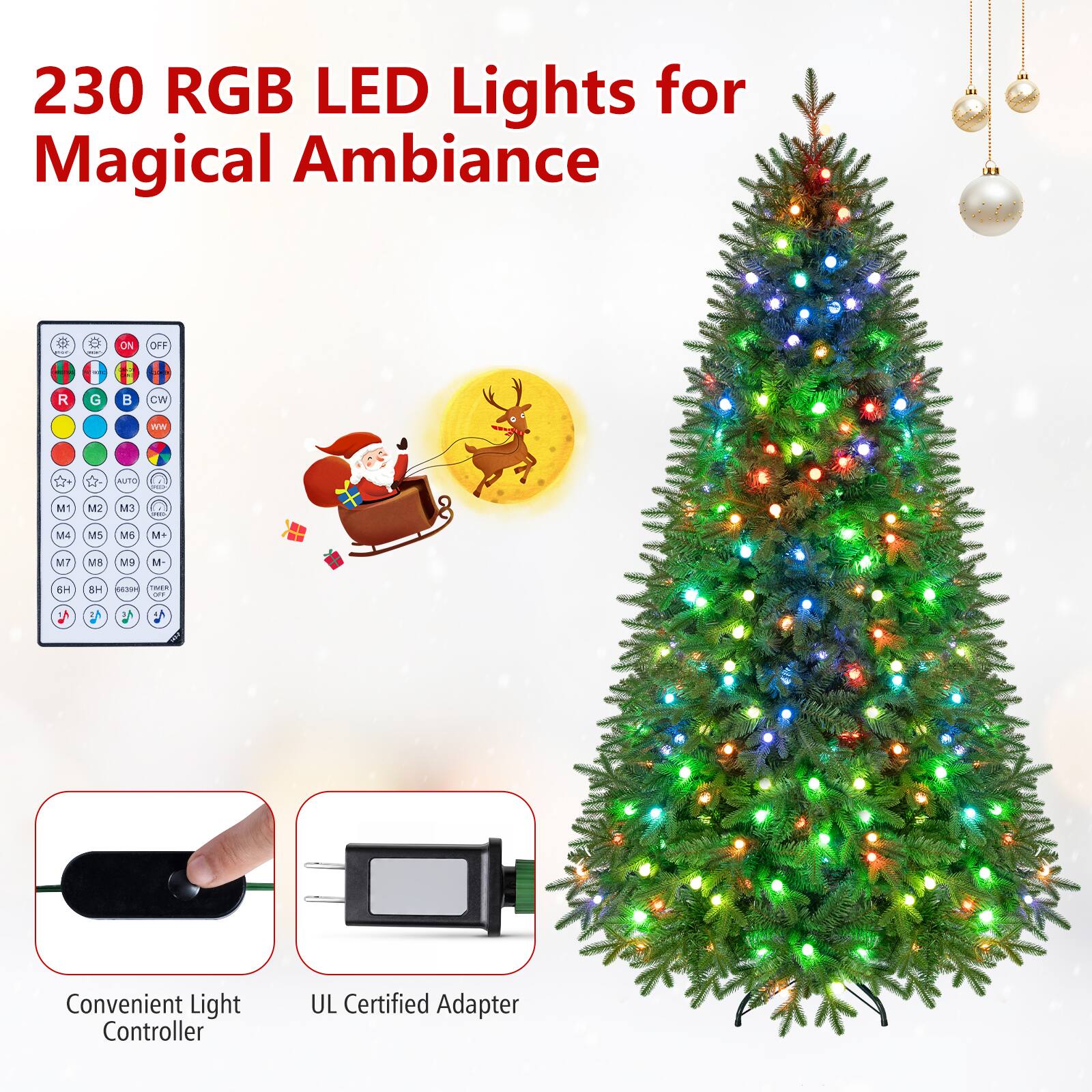 230 RGB LED Lights for Magical Ambiance

ON
OFF
R
G
B
CW
WW
AUTO
100
M1
M2
M3
M4
M5
M6
M+
M7
M8
M9
M-
6H 5
8H 
68300M TAKER 09  5

Convenient Light Controller
UL Certified Adapter