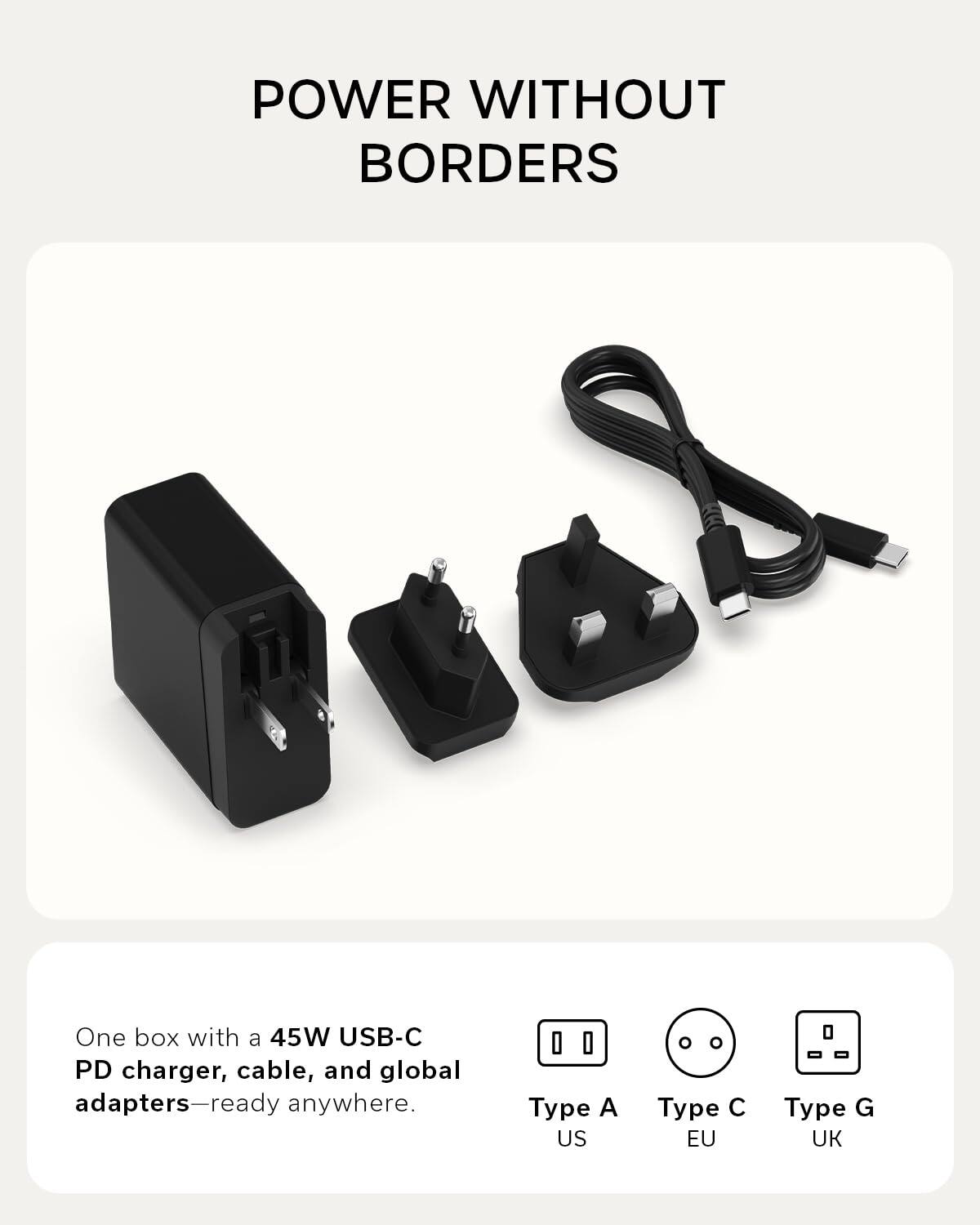 POWER WITHOUT BORDERS

One box with a 45W USB-C PD charger, cable, and global adapters—ready anywhere.

Type A US  
Type C EU  
Type G UK