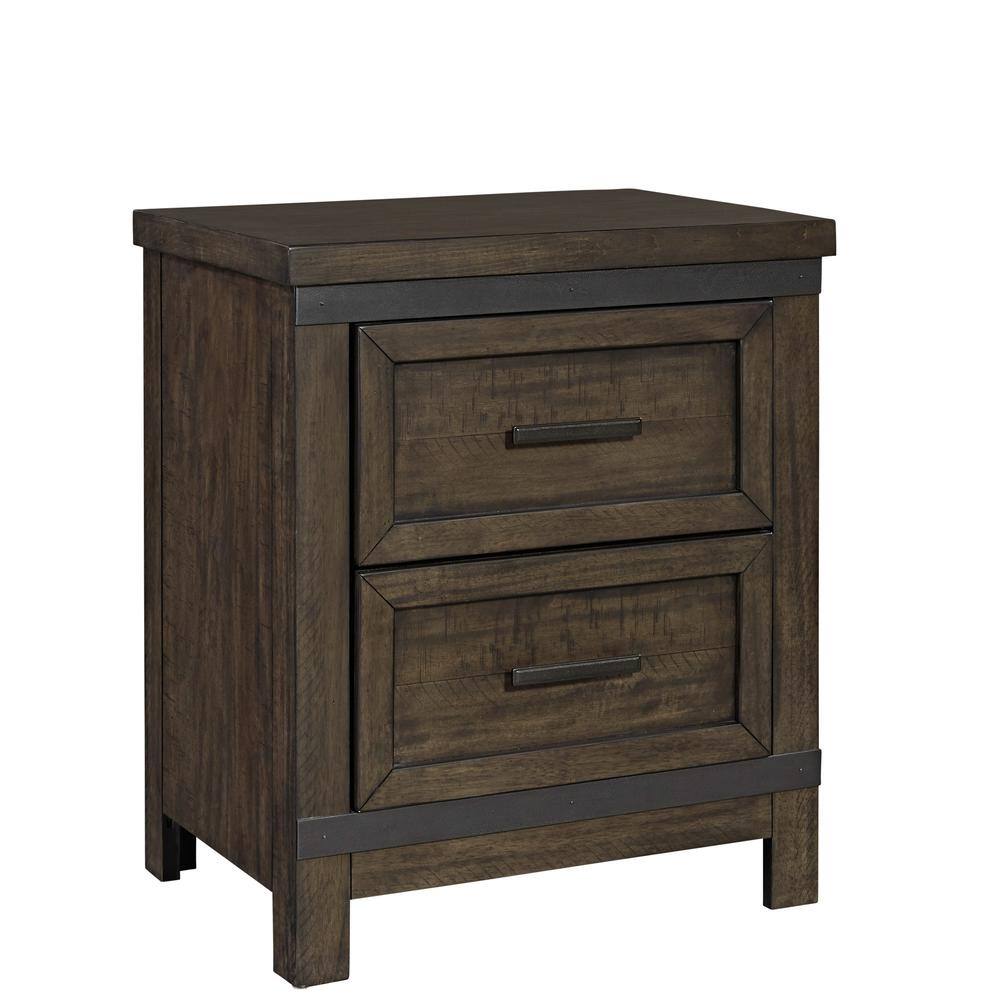 Angle. Liberty Furniture Industries - Thornwood Hills 2 Drawer Night Stand in Rock Beaten Brown w/ Saw Cuts - Brown.