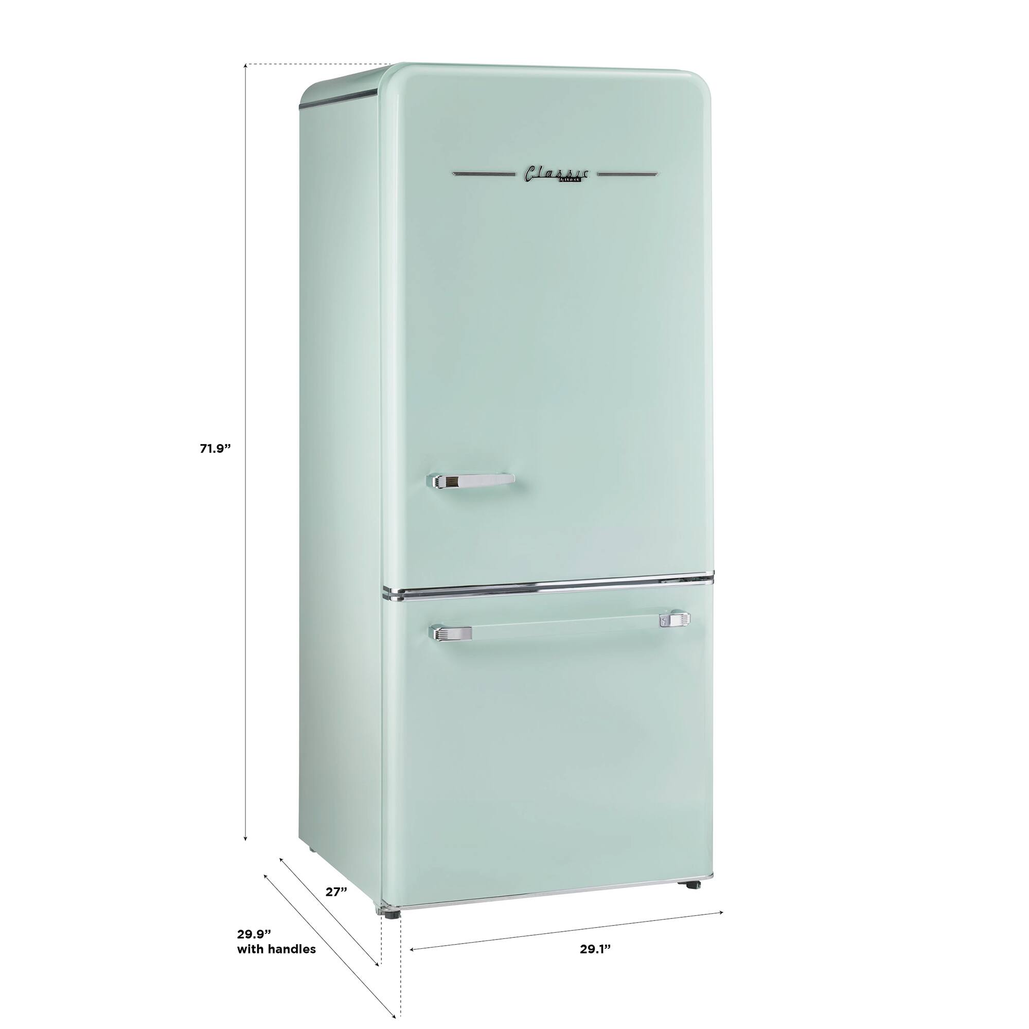 The text on the image reads "Classic 71.9 27" 29.9 with handles 29.1"." This text describes a vintage-style refrigerator with a height of 71.9 inches, a width of 27 inches, and a depth of 29.9 inches. The handles are also included in the dimensions, making the total width 29.1 inches.