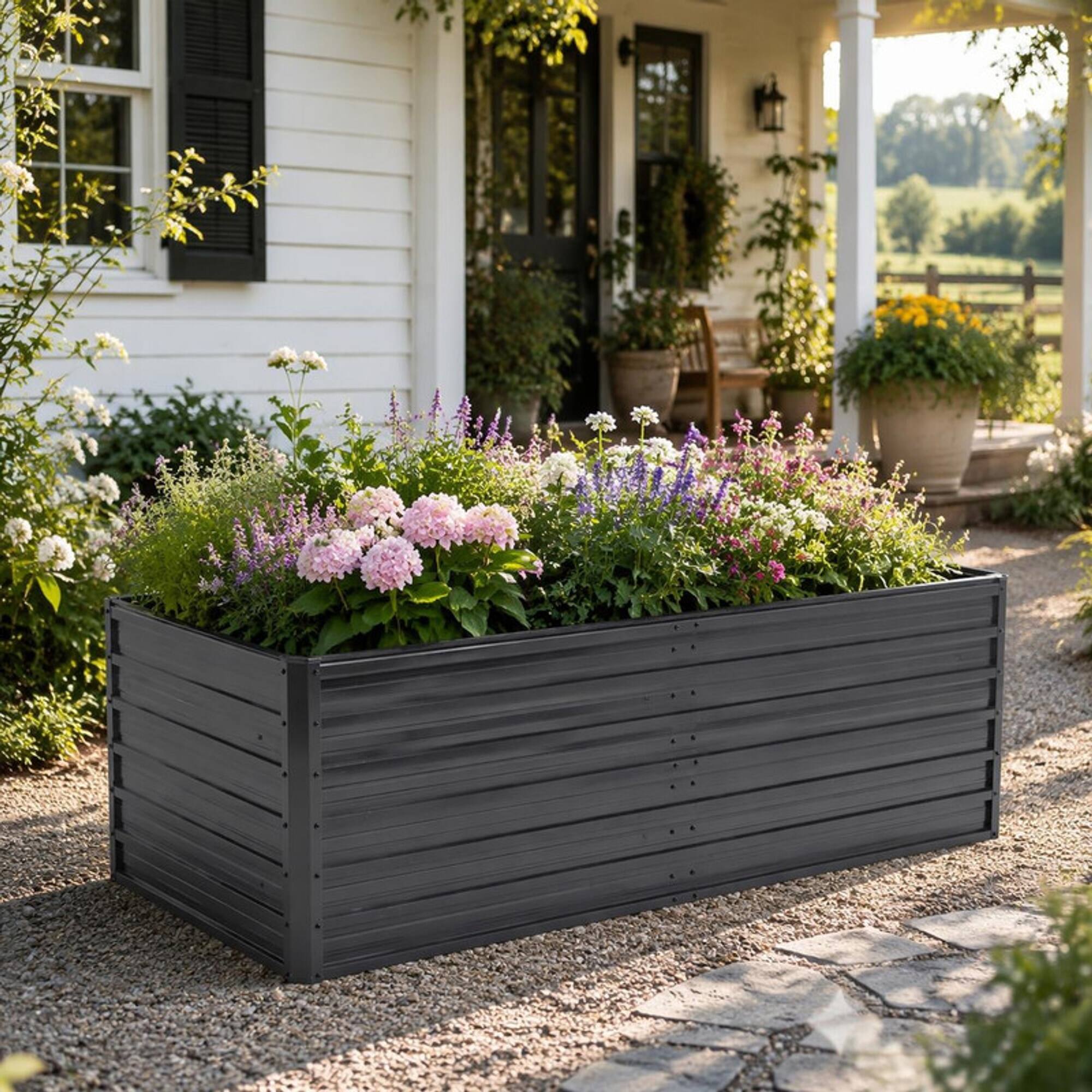 Angle. RYHNUYNE - 6x3x2 FT Metal Raised Garden Bed – Reinforced Galvanized Rustproof Colored Steel Planter Box for Vegetables - Black.