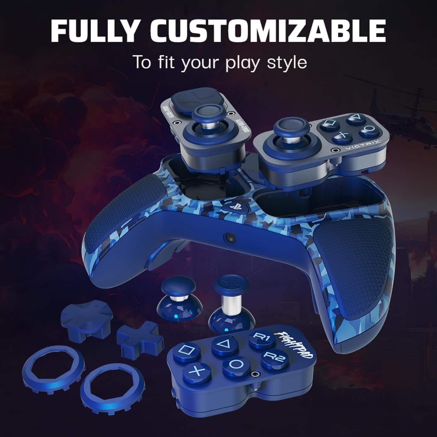 The image features a blue and black customizable PlayStation 4 controller with a matching blue and black case. The controller is fully customizable to fit the user's play style. The controller is equipped with a Dualshock 4 and a Dualshock 3, and it also comes with a wrist strap. The controller is displayed in front of a helicopter, adding an interesting visual element to the scene.
