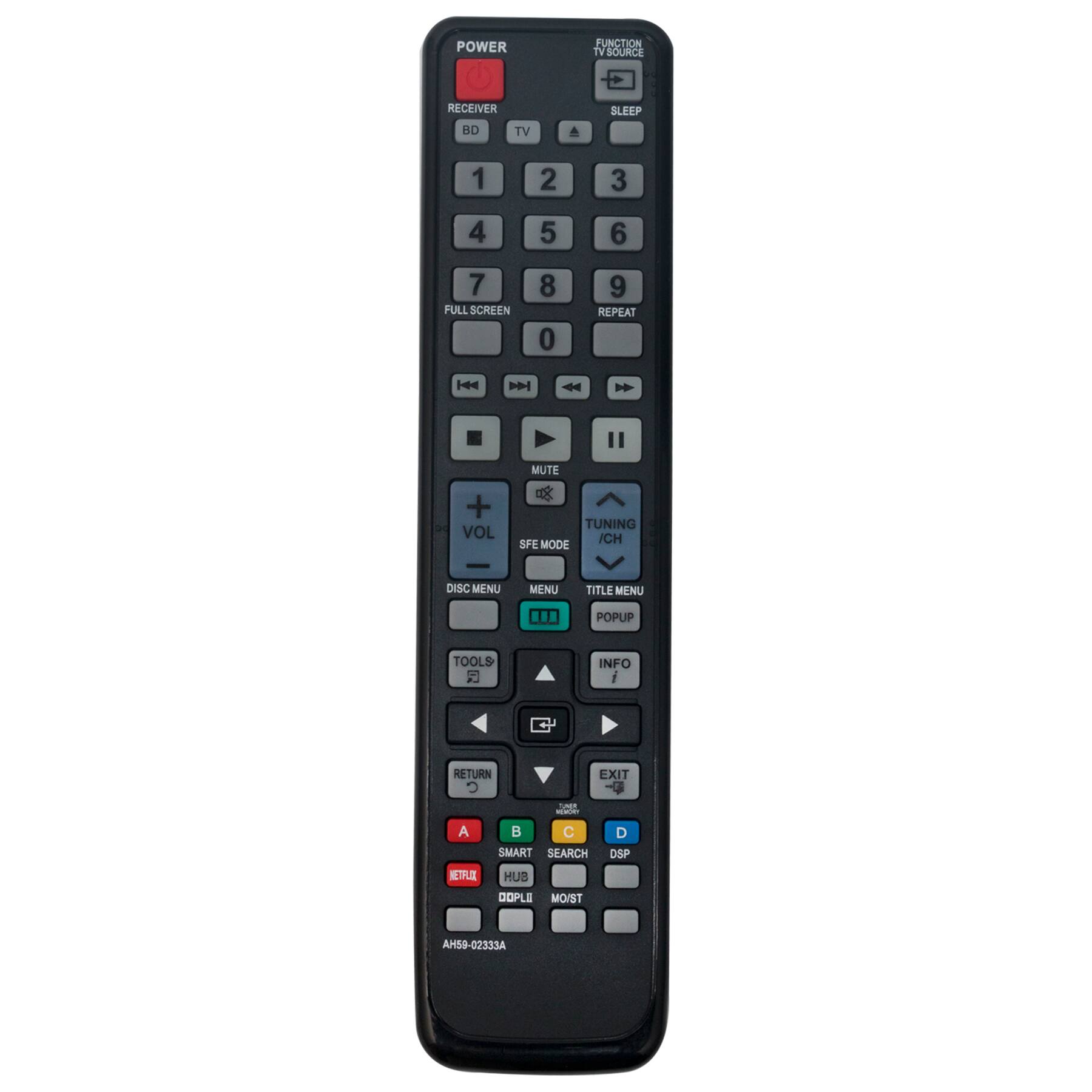 POWER RECEIVER BD TV FUNCTION TV SOURCE SLEEP 1 2 3 4 5 6 7 FULL SCREEN 8 0 9 REPEAT |4 . " + ad VOL MUTE o TUNING ICH SFE MODE DISC MENU MENU TITLE MENU POPUP TOOLS INFO RETURN G EXIT A C SMART SEARCH D DSP TI HUB DOPLI MOIST AH59-02333A