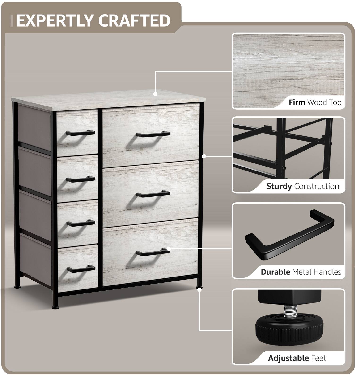 EXPERTLY CRAFTED

- Firm Wood Top
- Sturdy Construction
- Durable Metal Handles
- Adjustable Feet