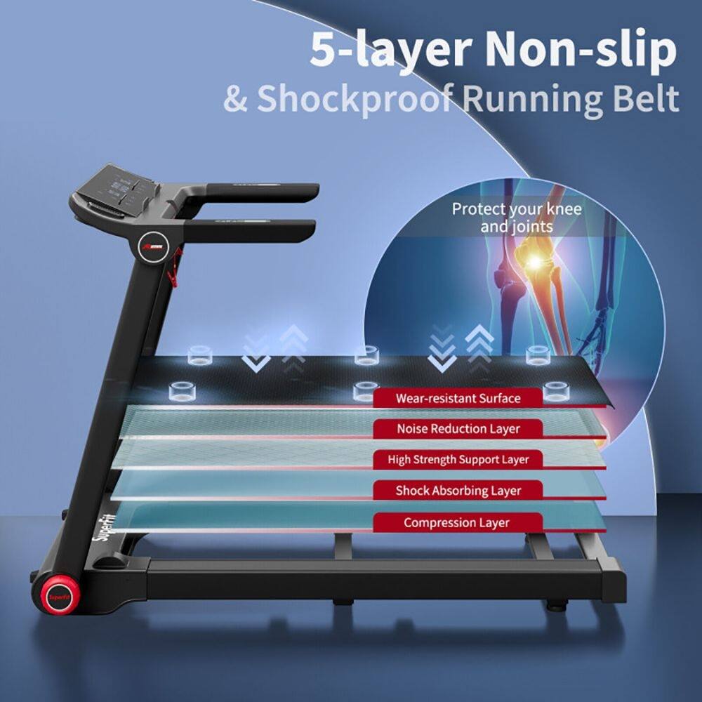 5-layer Non-slip & Shockproof Running Belt  
Protect your knee and joints  
Wear-resistant Surface  
Noise Reduction Layer  
High Strength Support Layer  
Shock Absorbing Layer  
Compression Layer