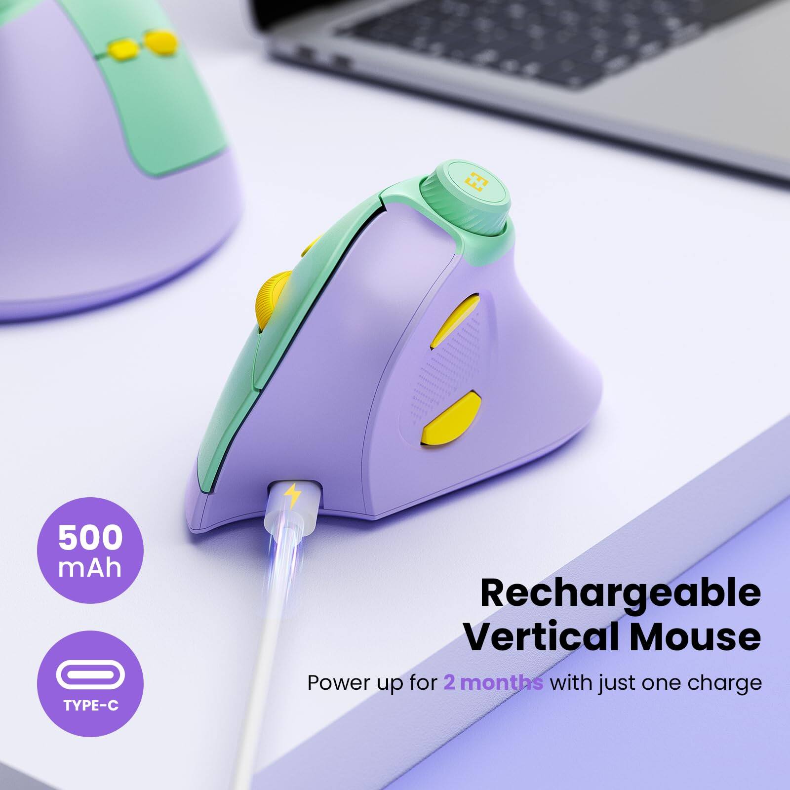 Rechargeable Vertical Mouse

500 mAh

TYPE-C

Power up for 2 months with just one charge
