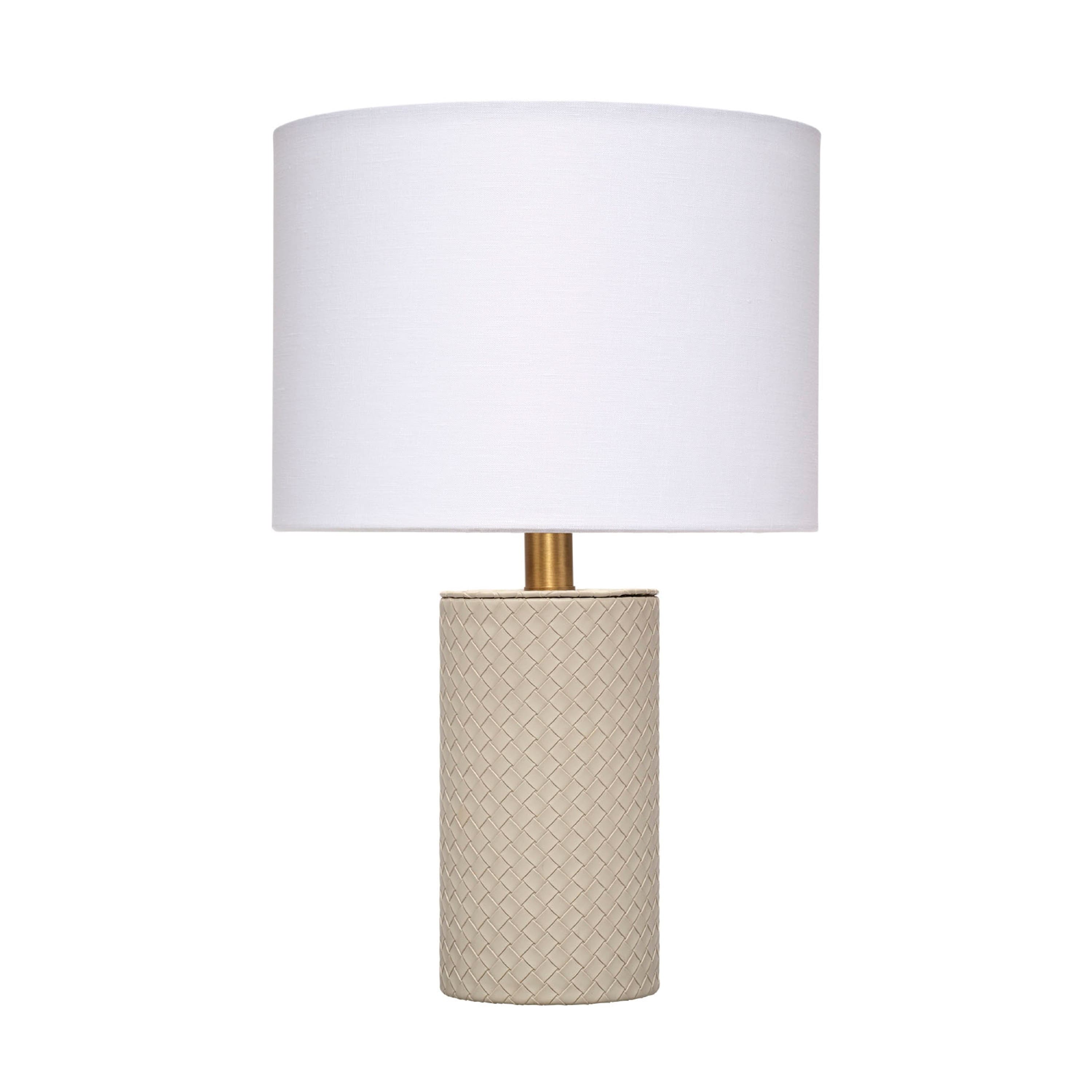 Manhattan Lane - Myn Table Lamp, 18 Inch, Linen Drum Shade, Leather Base - Gray, White, Brass