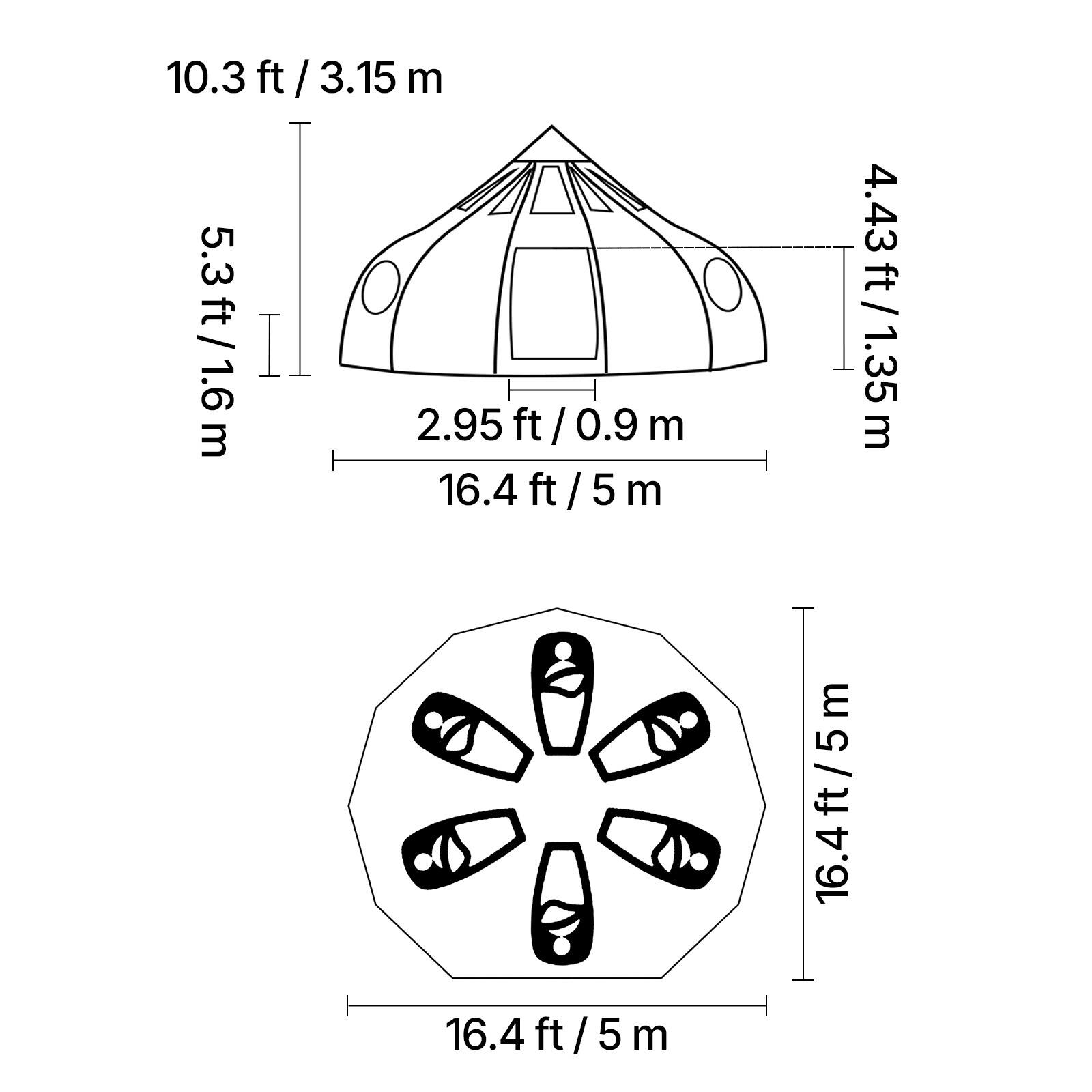 10.3 ft / 3.15 m  
5.3 ft / 1.6 m  
2.95 ft / 0.9 m  
16.4 ft / 5 m  
4.43 ft / 1.35 m