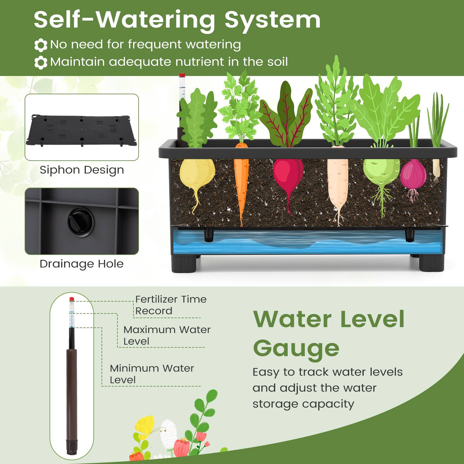 Self-Watering System  
No need for frequent watering  
Maintain adequate nutrient in the soil  

Siphon Design  
Drainage Hole  

Fertilizer Time Record  
Maximum Water Level  
Minimum Water Level  

Water Level Gauge  
Easy to track water levels and adjust the water storage capacity
