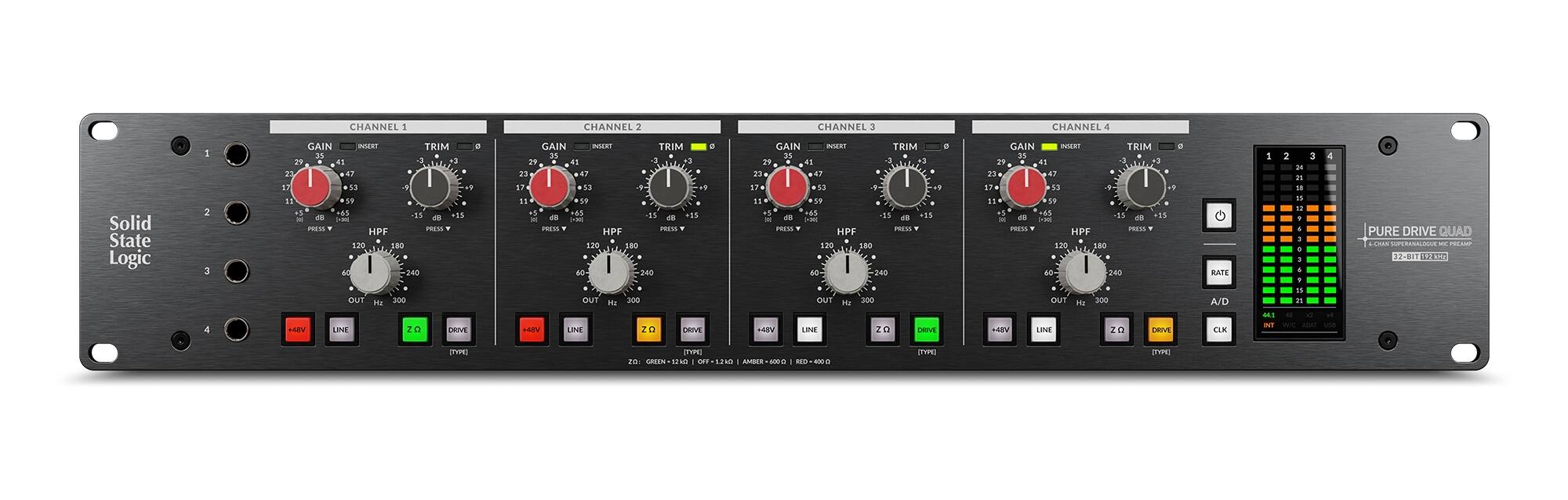 CHANNEL 1  
GAIN  
INSERT  
TRIM  
HPF  
PRESS  
OUT  
LINE  
DRIVE  
PURE DRIVE QUAD  
12-BIT  
A/D  
CLK  
RATE  
A0-  
E TYPE  
GREEN  
TYPE  

CHANNEL 2  
GAIN  
INSERT  
TRIM  
HPF  
PRESS  
OUT  
LINE  
DRIVE  
PURE DRIVE QUAD  
12-BIT  
A/D  
CLK  
RATE  
A0-  
E TYPE  
GREEN  
TYPE  

CHANNEL 3  
GAIN  
INSERT  
TRIM  
HPF  
PRESS  
OUT  
LINE  
DRIVE  
PURE DRIVE QUAD  
12-BIT  
A/D  
CLK  
RATE  
A0-  
E TYPE  
GREEN  
TYPE  

CHANNEL 4  
GAIN  
INSERT  
TRIM  
HPF  
PRESS  
OUT  
LINE  
DRIVE  
PURE DRIVE QUAD  
12-BIT  
A/D  
CLK  
RATE  
A0-  
E TYPE  
GREEN  
TYPE  

Solid State Logic  

PURE DRIVE QUAD  
12-BIT 22-BIT 12-BIT 22-BIT 12-BIT 22-BIT 12-BIT 22-BIT