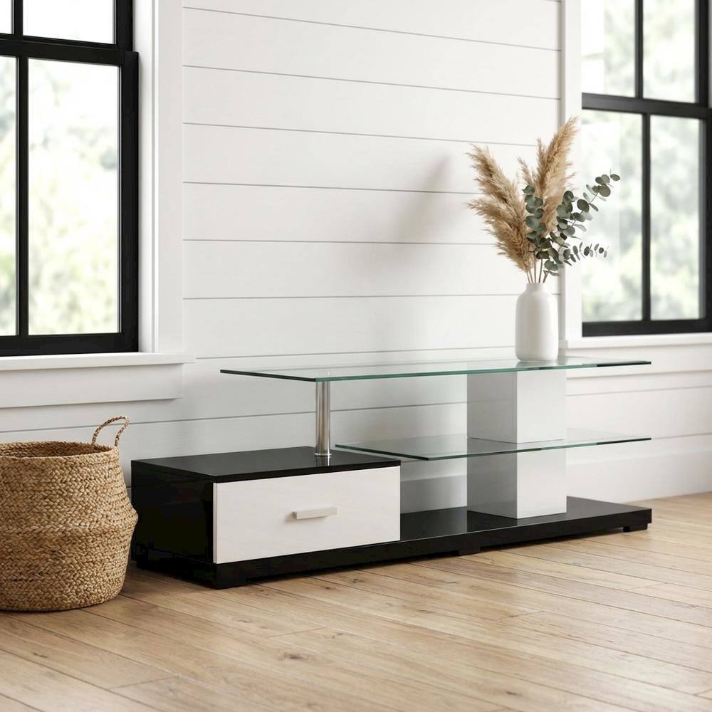 Alt View 1. FurniFact - Modern White and Black TV Stand with Glass Shelves and Chrome Frame - Brown.