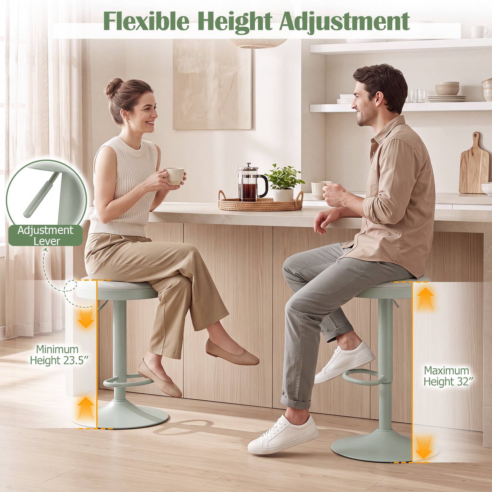 Flexible Height Adjustment  
Adjustment Lever  
Minimum Height 23.5"  
Maximum Height 32"