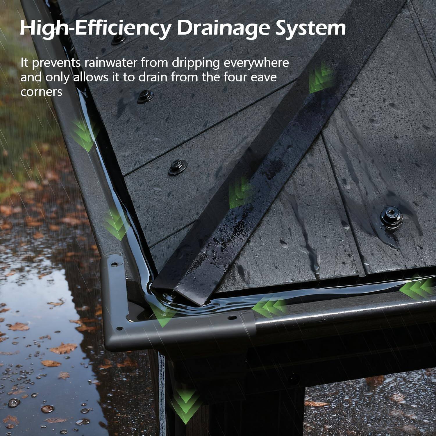 High-Efficiency Drainage System

It prevents rainwater from dripping everywhere and only allows it to drain from the four eave corners
