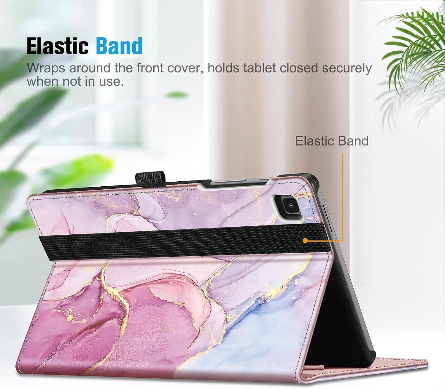 Elastic Band Wraps around the front cover, holds tablet closed securely when not in use.