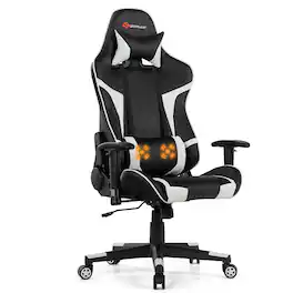 Costway - Racing Massage Gaming Chair with Lumbar Support - White + Black