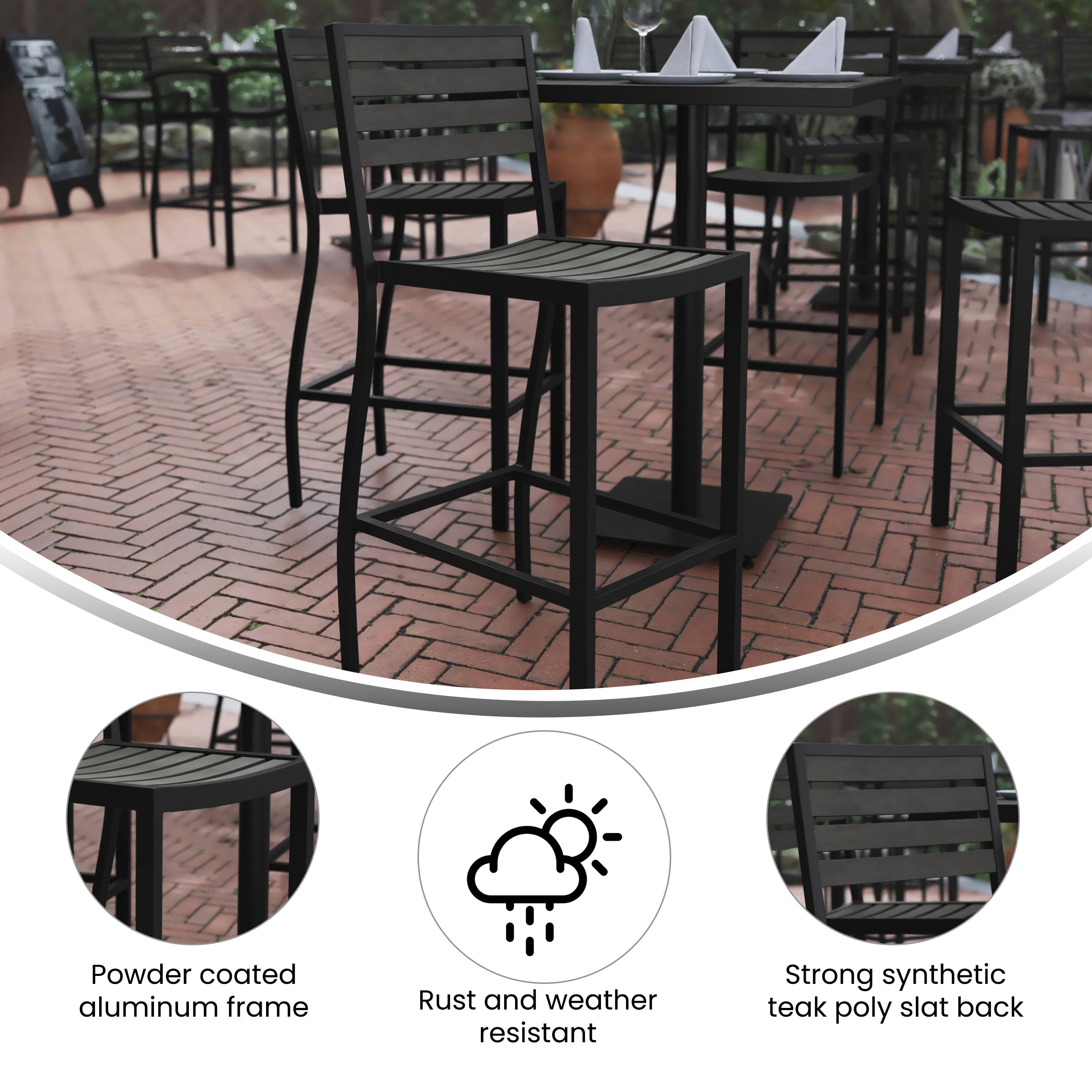 Powder coated aluminum frame  
Rust and weather resistant  
Strong synthetic teak poly slat back