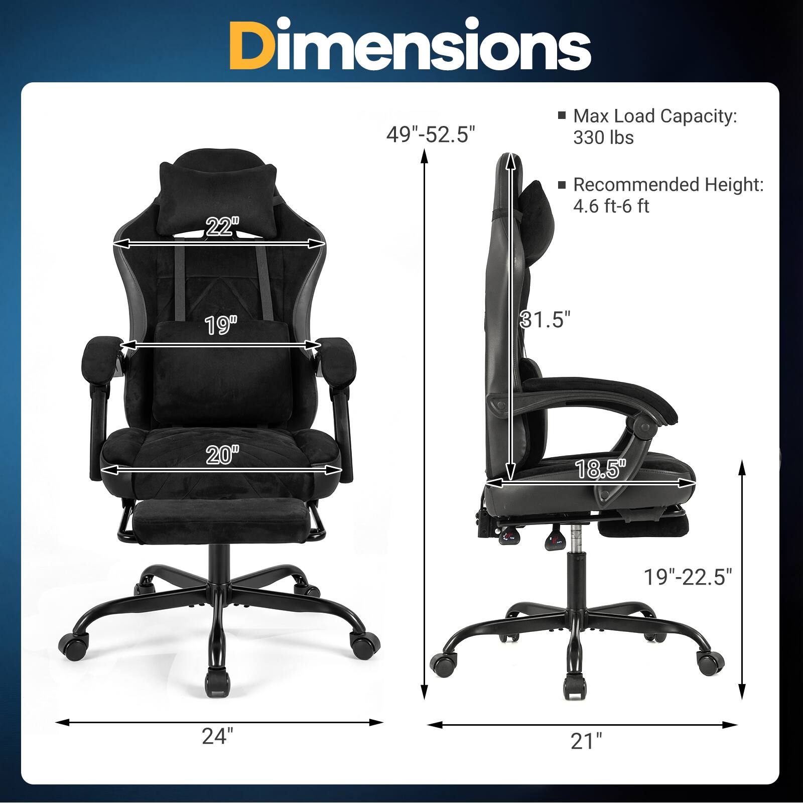 Dimensions  
Max Load Capacity: 49"-52.5" 330 lbs  
Recommended Height: 4.6 ft-6 ft  
22" 19" 20" 31.5" 18.5" 19"-22.5" 24" 21"