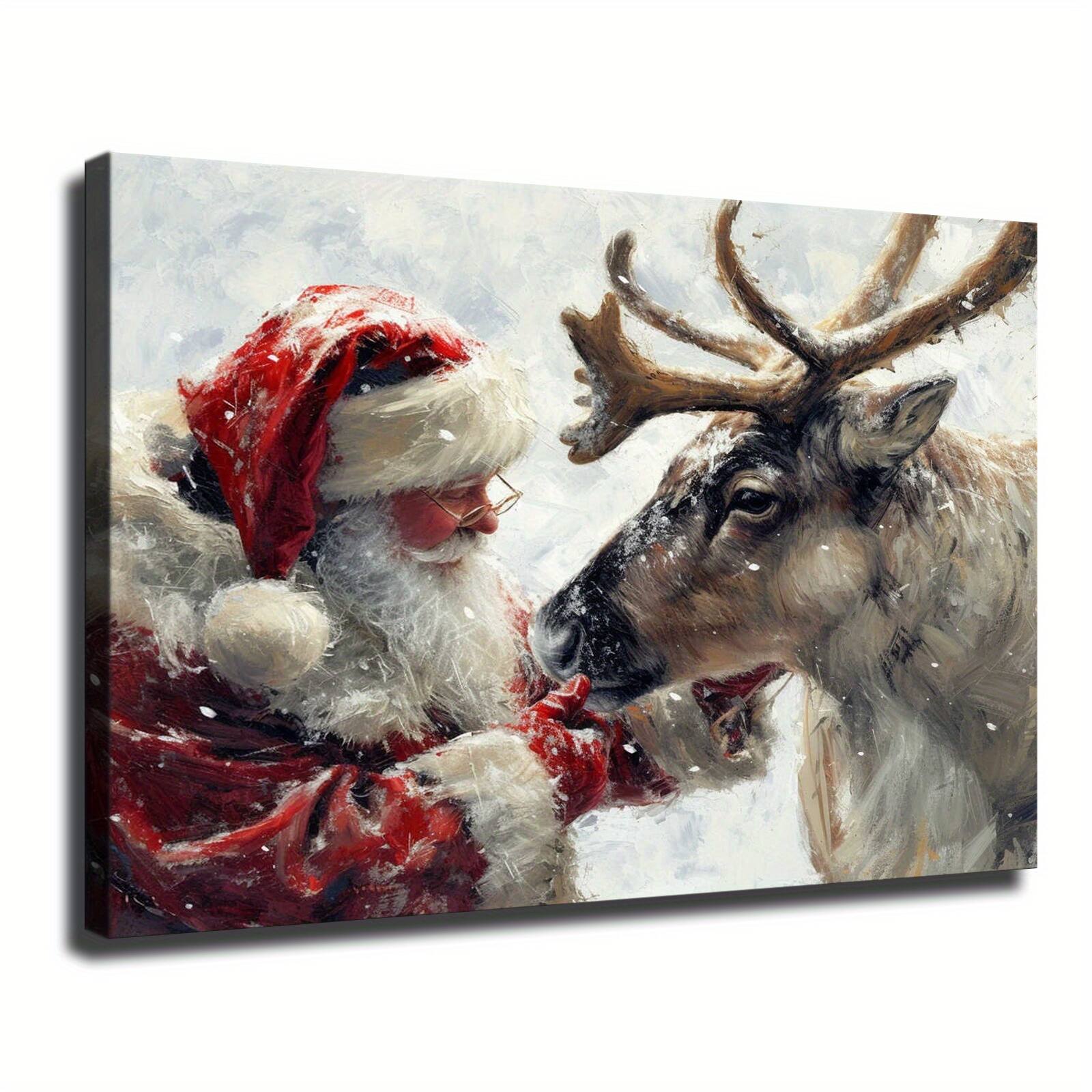 Front. blue - 1pc Wood Frame Santa Petting Reindeer Poster Canvas Painting Wall Art Modern Home Bedroom Office Aesthetic Decor - Stre - Color:12*18inch.